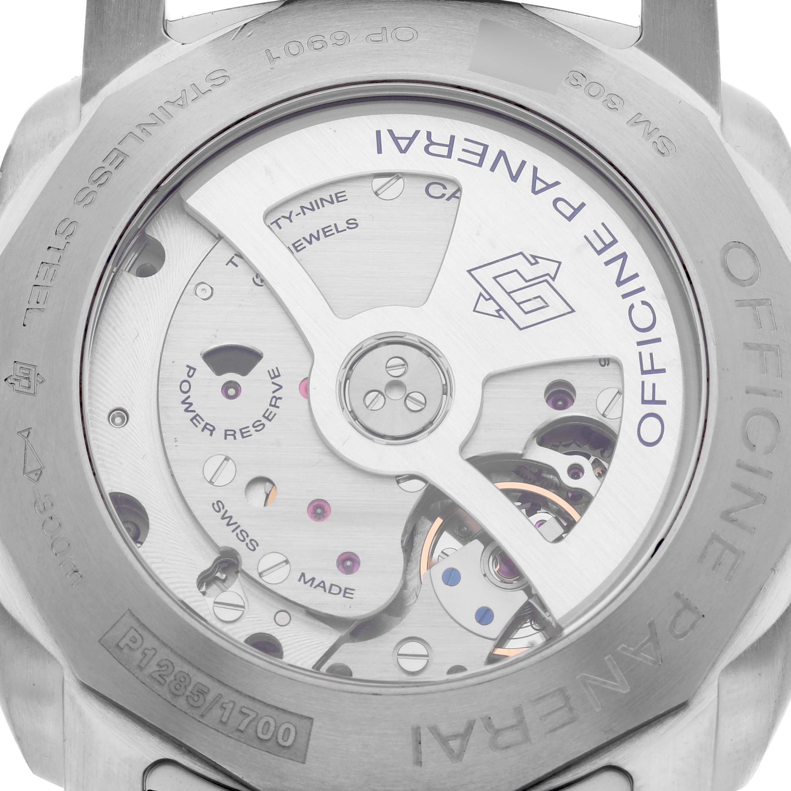 The image shows the back case of a Panerai Luminor PAM00320 Men's Stainless Steel Black Dial PAM00320 Men's Stainless Steel Black Dial watch, highlighting the movement and internal mechanics.