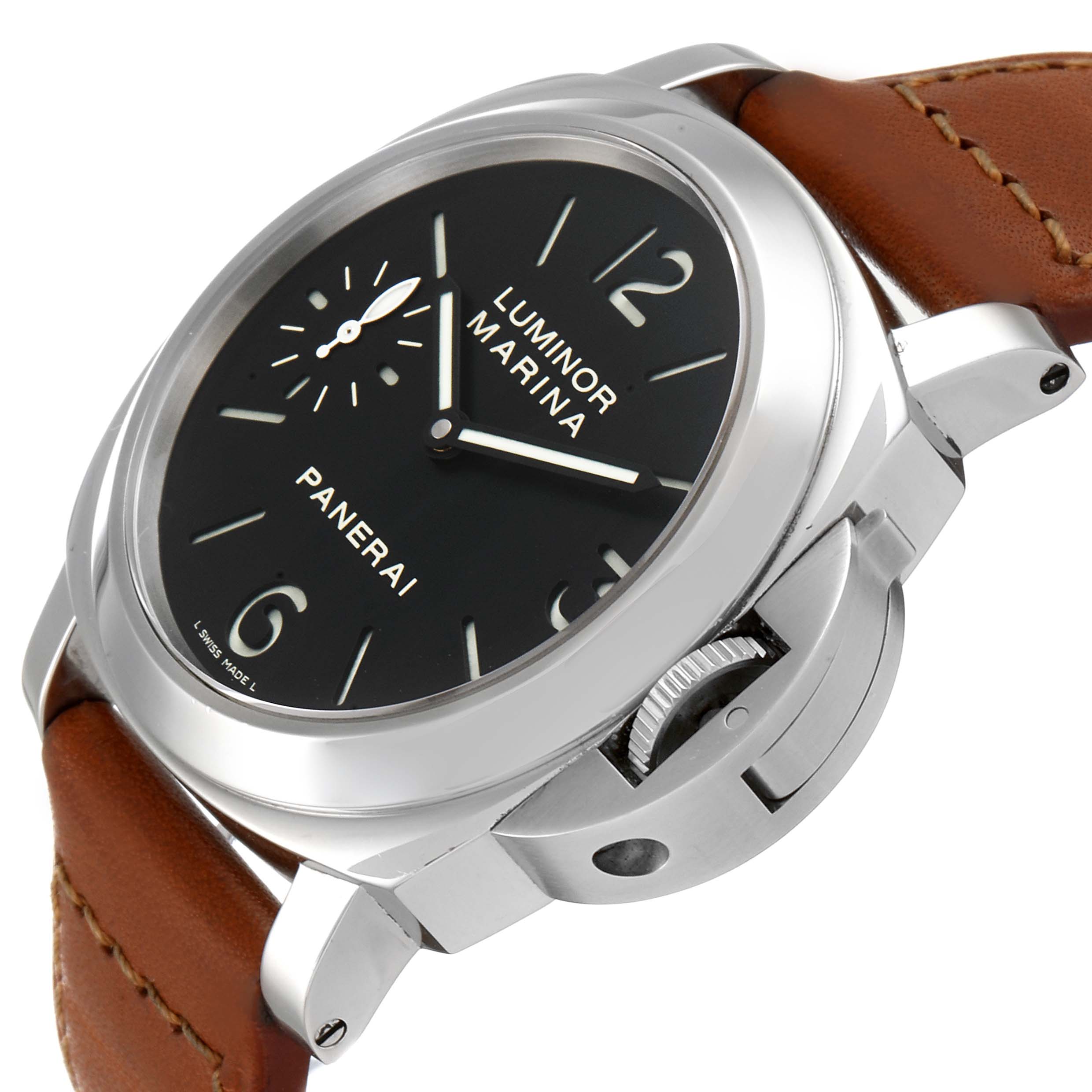 This image shows a side angle of a Panerai Luminor PAM00111 Men
s Stainless Steel Black Dial PAM00111 Men
s Stainless Steel Black Dial Marina watch, highlighting the crown guard and brown leather strap.