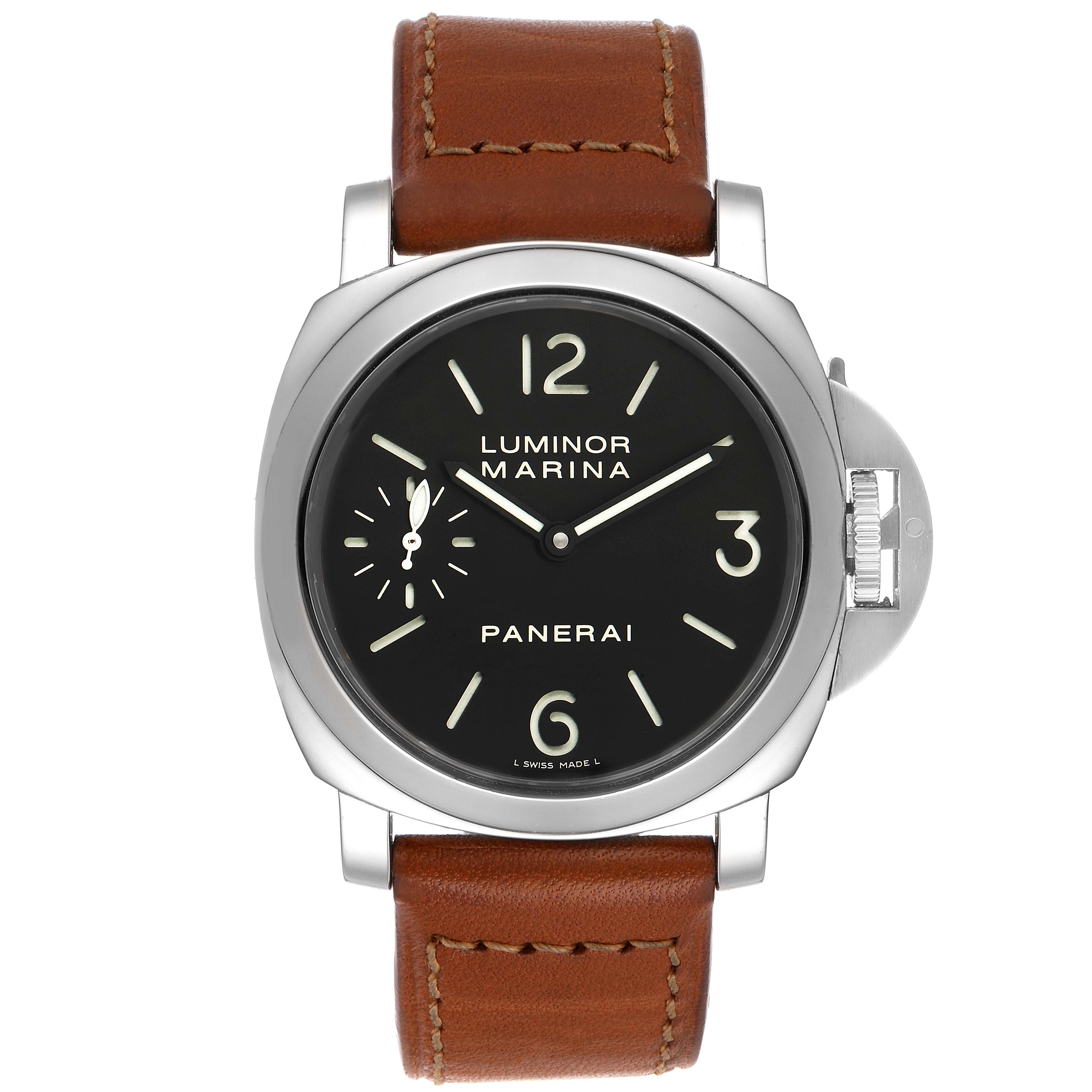 The Panerai Luminor PAM00111 Men
s Stainless Steel Black Dial PAM00111 Men
s Stainless Steel Black Dial watch is shown from a top-down angle, highlighting its face, case, and leather strap.