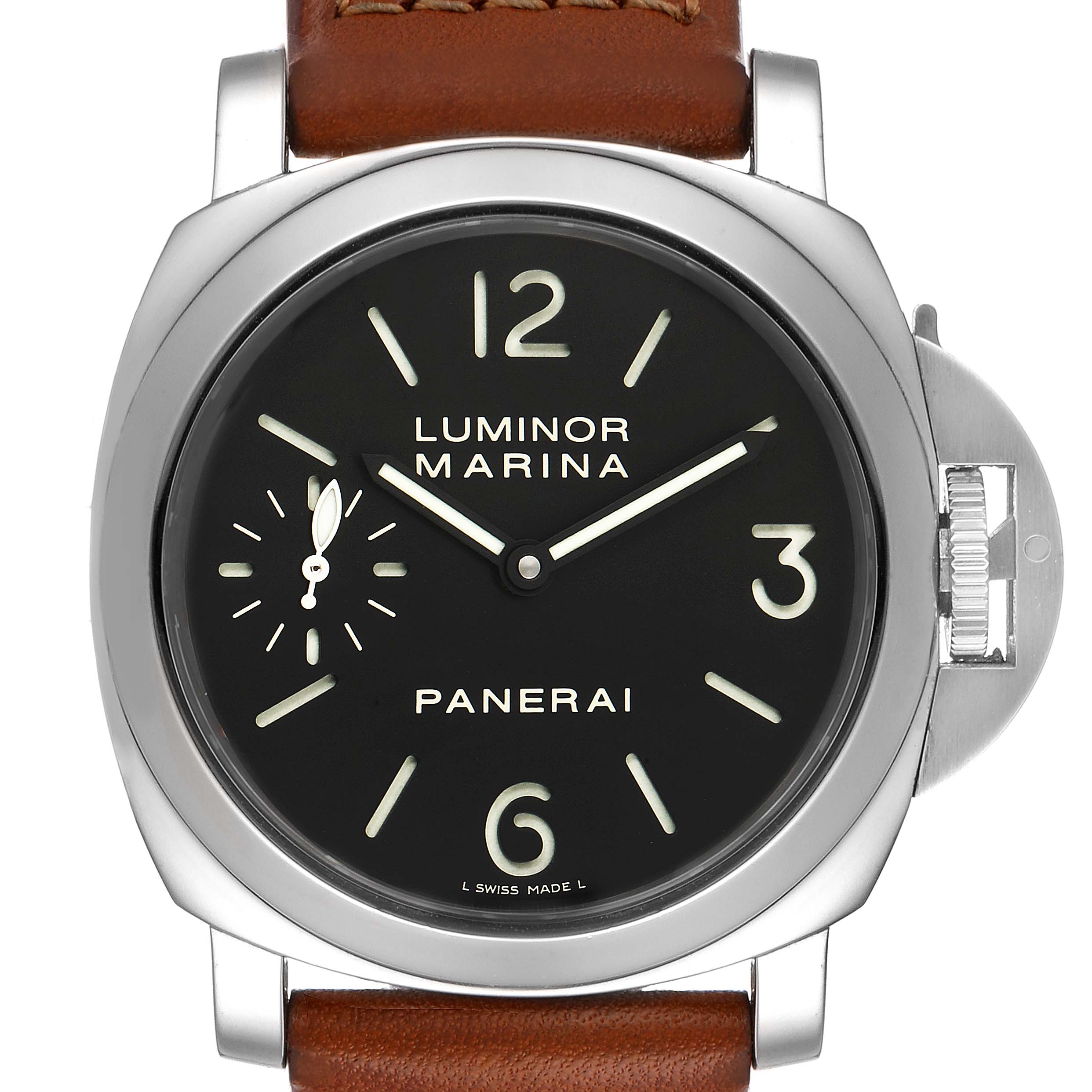 This image shows a front view of a Panerai Luminor PAM00111 Men
s Stainless Steel Black Dial PAM00111 Men
s Stainless Steel Black Dial watch, highlighting the dial, hour markers, and crown guard.