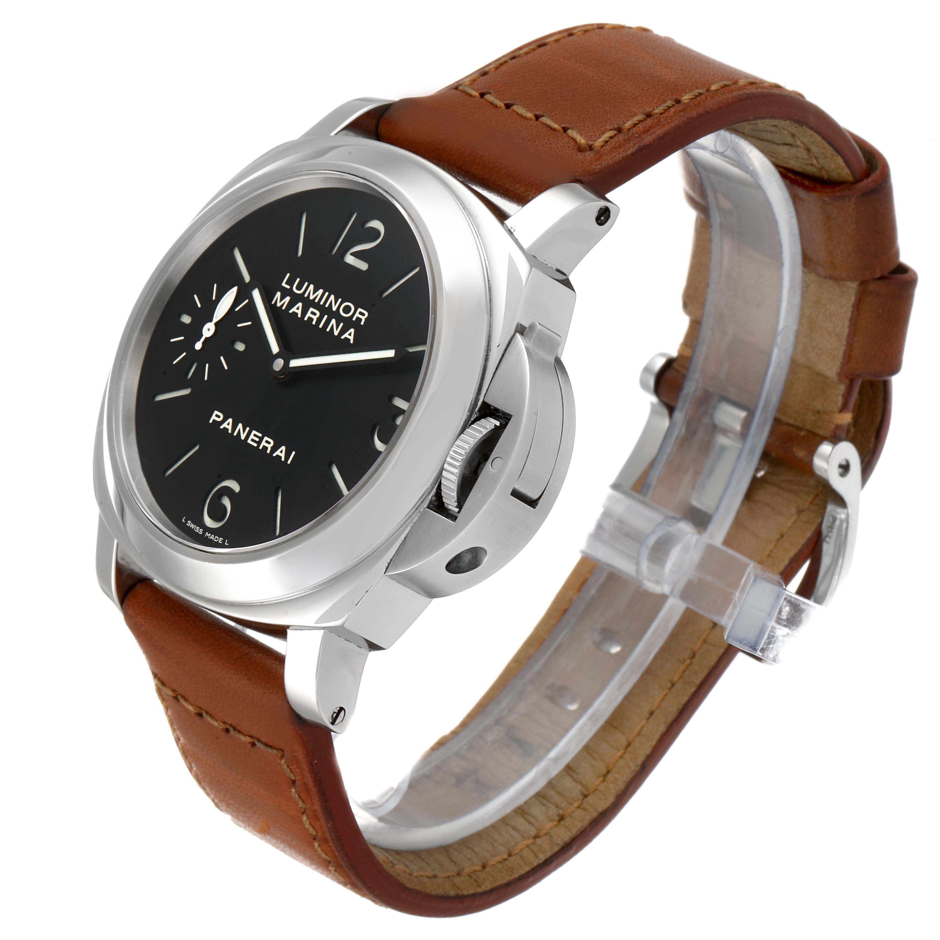 The image shows a Panerai Luminor PAM00111 Men
s Stainless Steel Black Dial PAM00111 Men
s Stainless Steel Black Dial watch at a three-quarter angle, highlighting the dial, case, and brown leather strap.