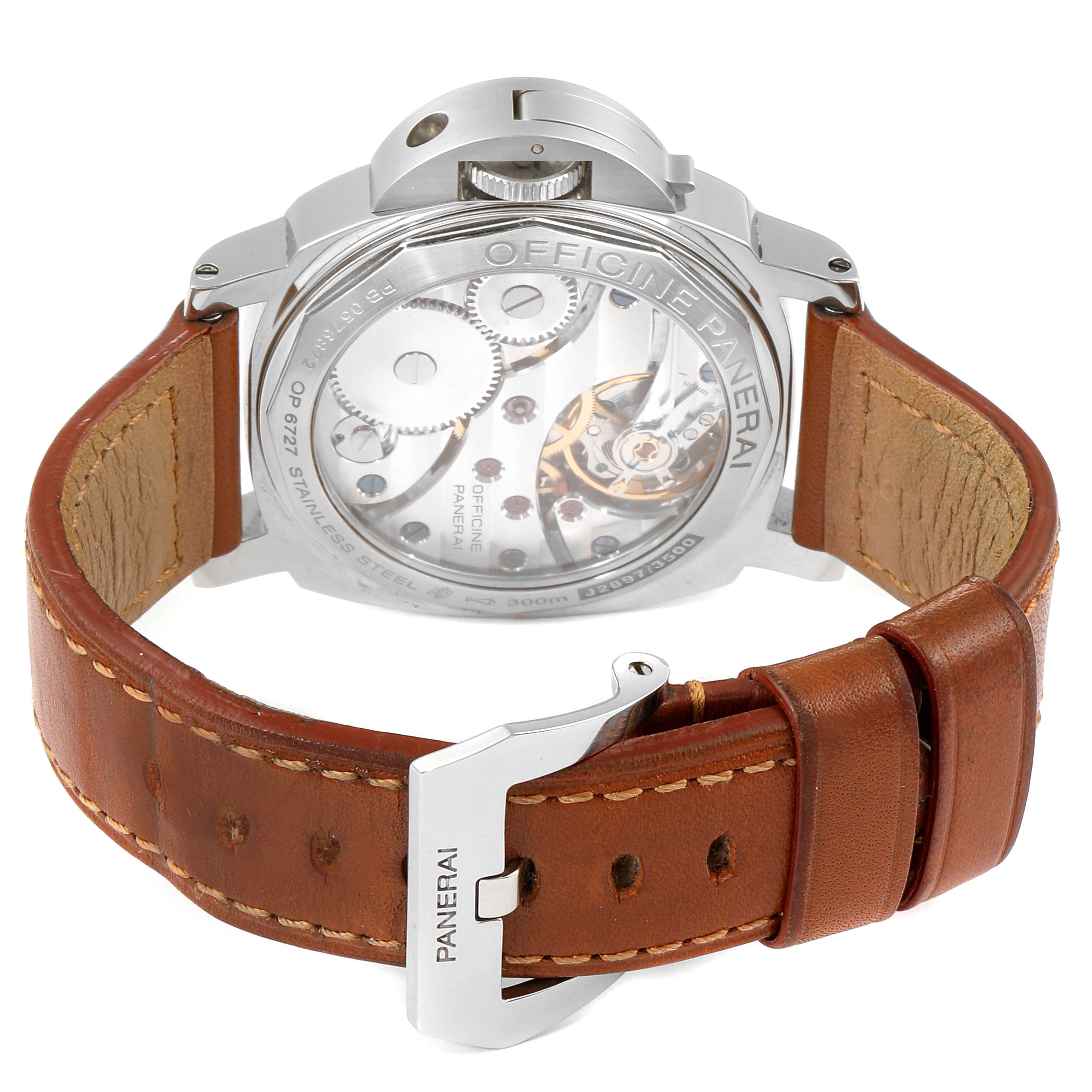 The image shows the case back and leather strap of a Panerai Luminor PAM00111 Men
s Stainless Steel Black Dial PAM00111 Men
s Stainless Steel Black Dial watch, highlighting its mechanical movement.