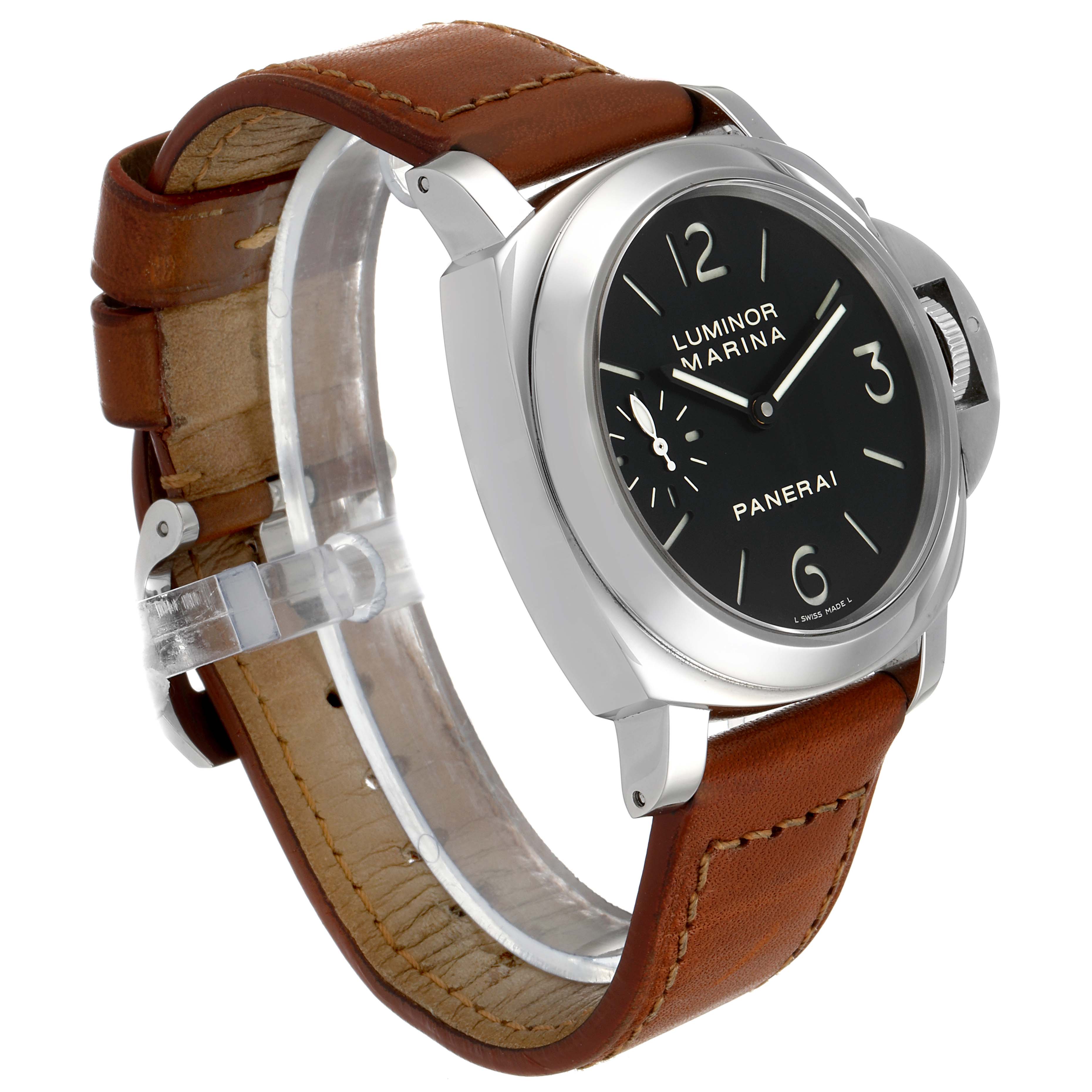 The image shows a Panerai Luminor PAM00111 Men
s Stainless Steel Black Dial PAM00111 Men
s Stainless Steel Black Dial Marina watch at an angle highlighting its black dial and brown leather strap.