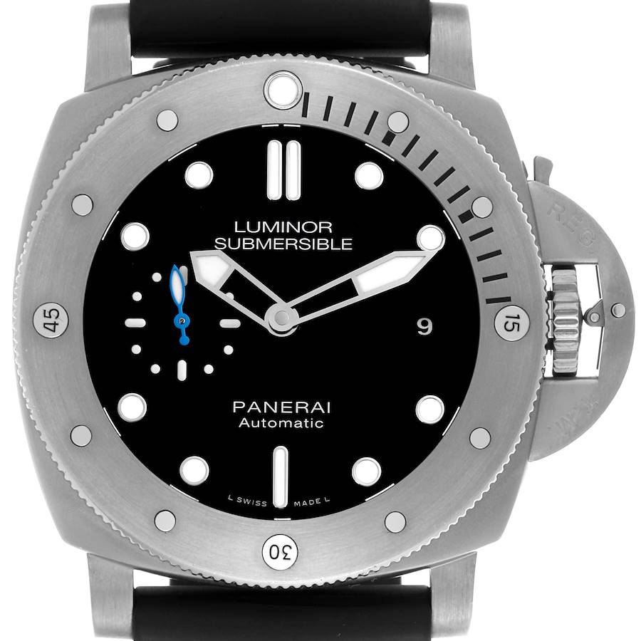 The Panerai Submersible watch is shown from a front angle, highlighting the dial, bezel, and crown guard.