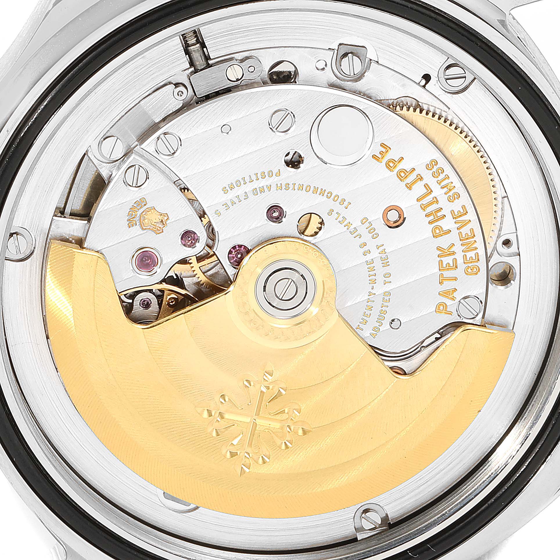 The image shows the rear view of a Patek Philippe Aquanaut 5165A-00 Men's Stainless Steel Black Dial 5165A-00 Men's Stainless Steel Black Dial watch, highlighting the movement and rotor.