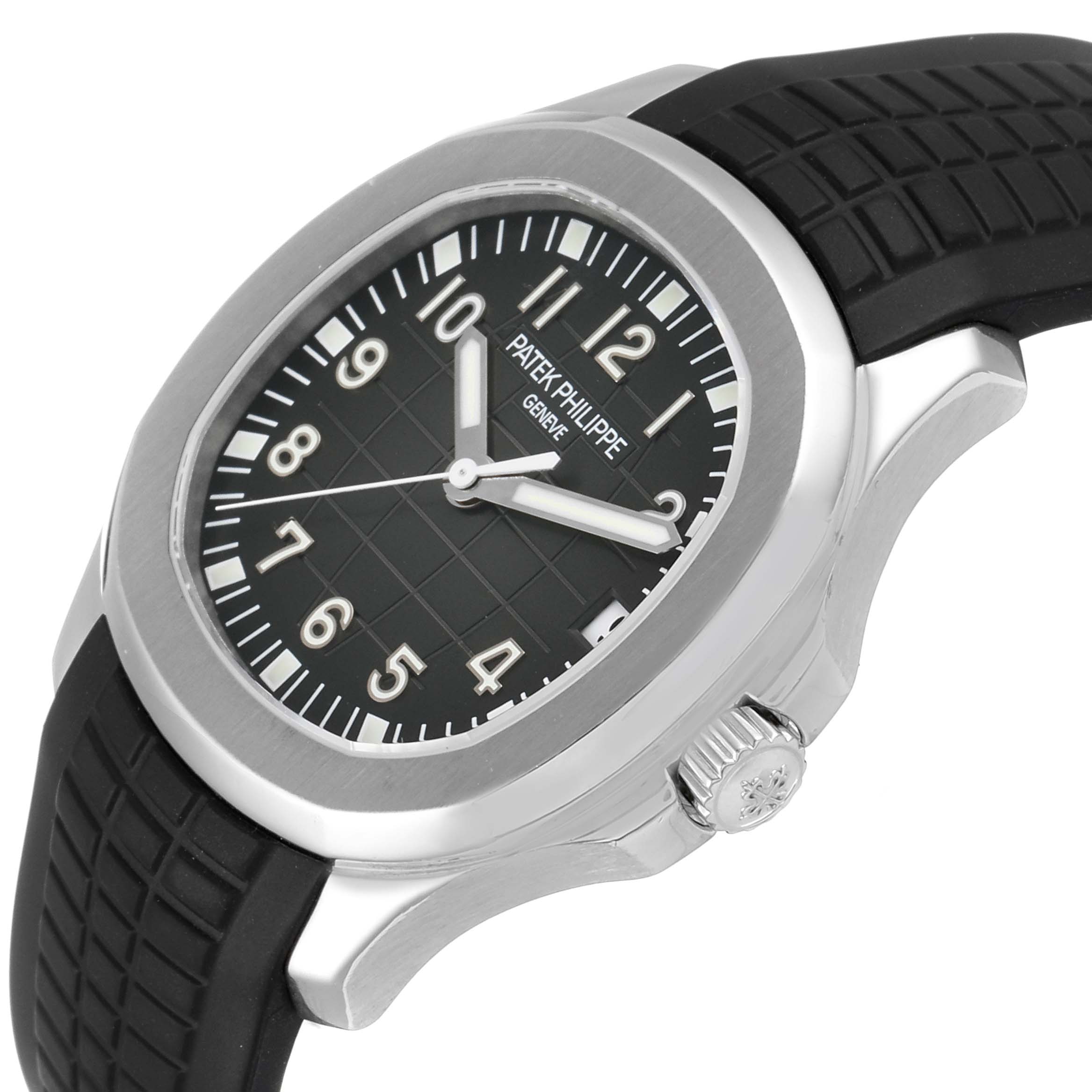 This image shows the Patek Philippe Aquanaut 5165A-00 Men's Stainless Steel Black Dial 5165A-00 Men's Stainless Steel Black Dial watch from a front-angle, highlighting the face, bezel, case, and part of the strap.