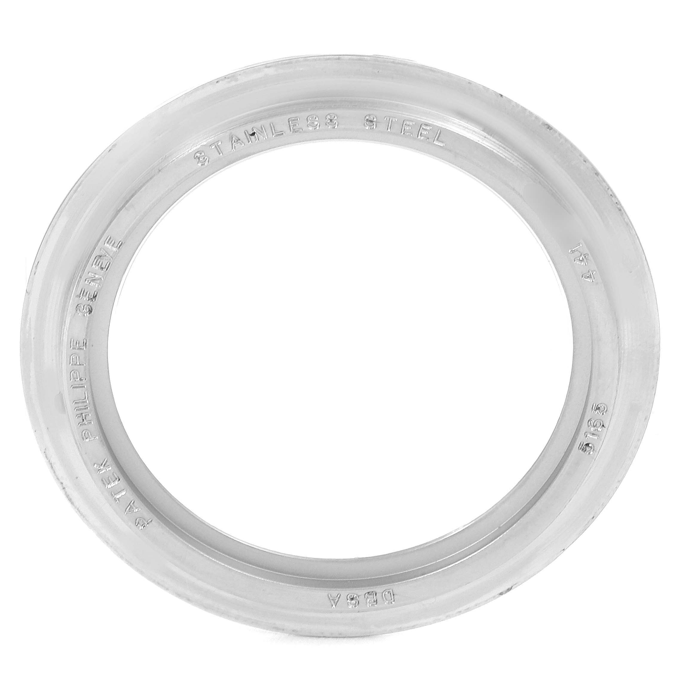 The image shows a stainless steel case ring for the Patek Philippe Aquanaut 5165A-00 Men's Stainless Steel Black Dial 5165A-00 Men's Stainless Steel Black Dial watch, viewed from the top.