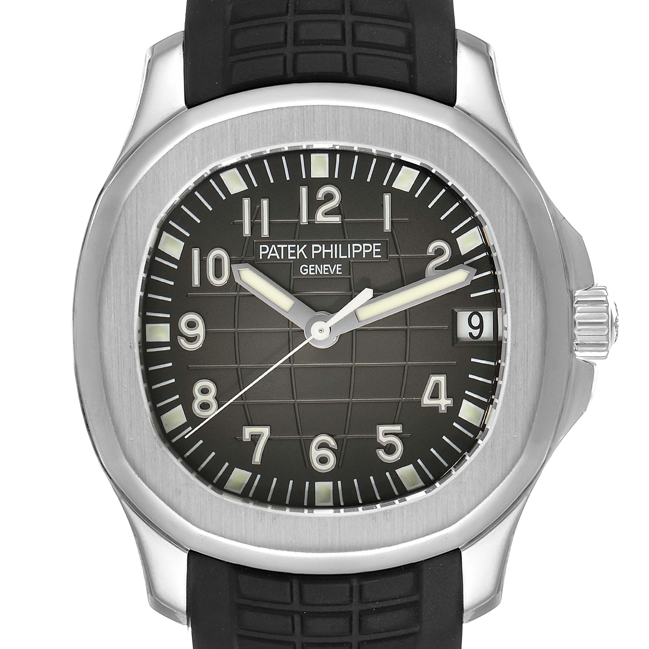 This image shows a frontal view of a Patek Philippe Aquanaut 5165A-00 Men's Stainless Steel Black Dial 5165A-00 Men's Stainless Steel Black Dial watch, highlighting its dial, hands, numbers, and rubber strap.