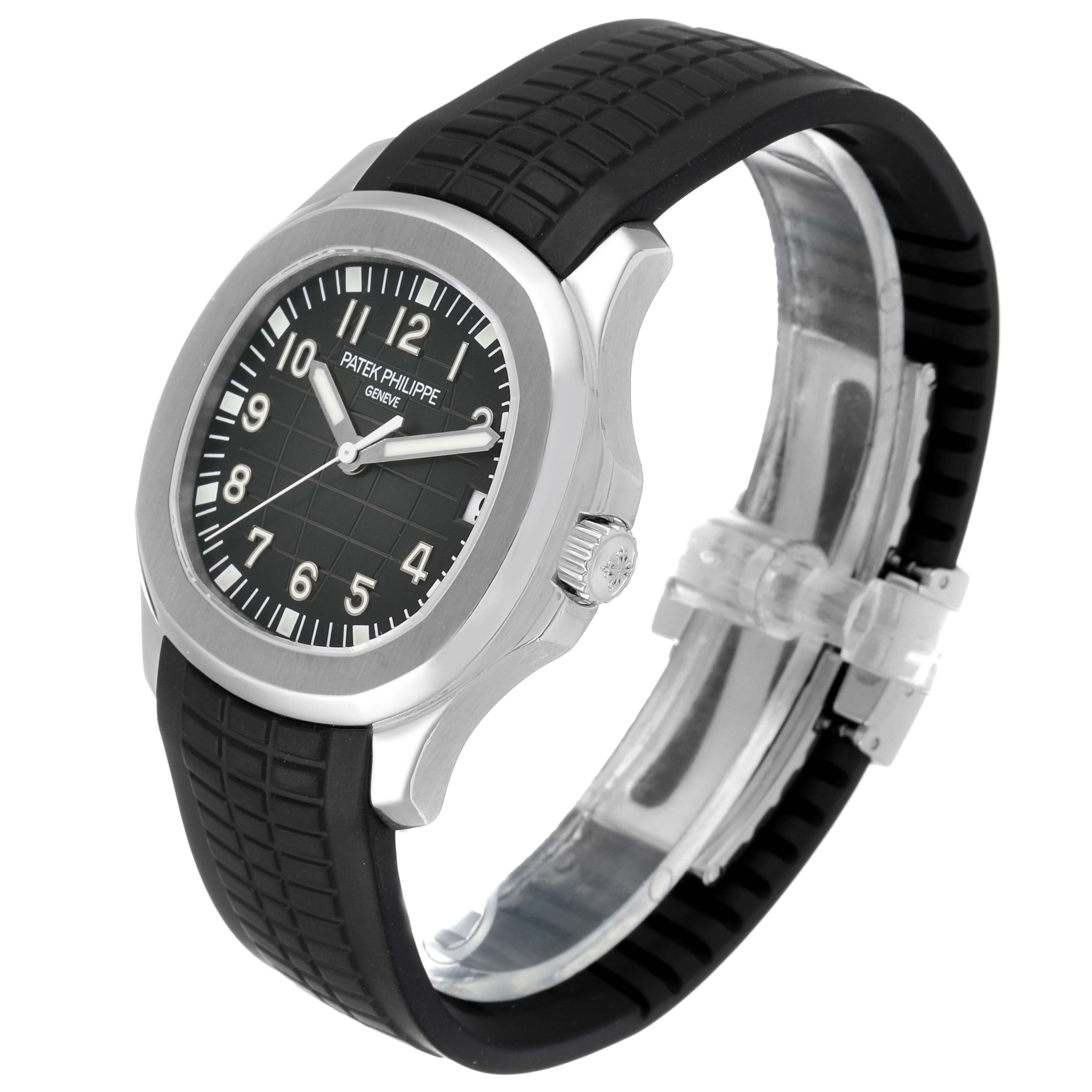The image shows a Patek Philippe Aquanaut 5165A-00 Men's Stainless Steel Black Dial 5165A-00 Men's Stainless Steel Black Dial watch from a side angle, featuring the face, bezel, crown, and rubber strap.
