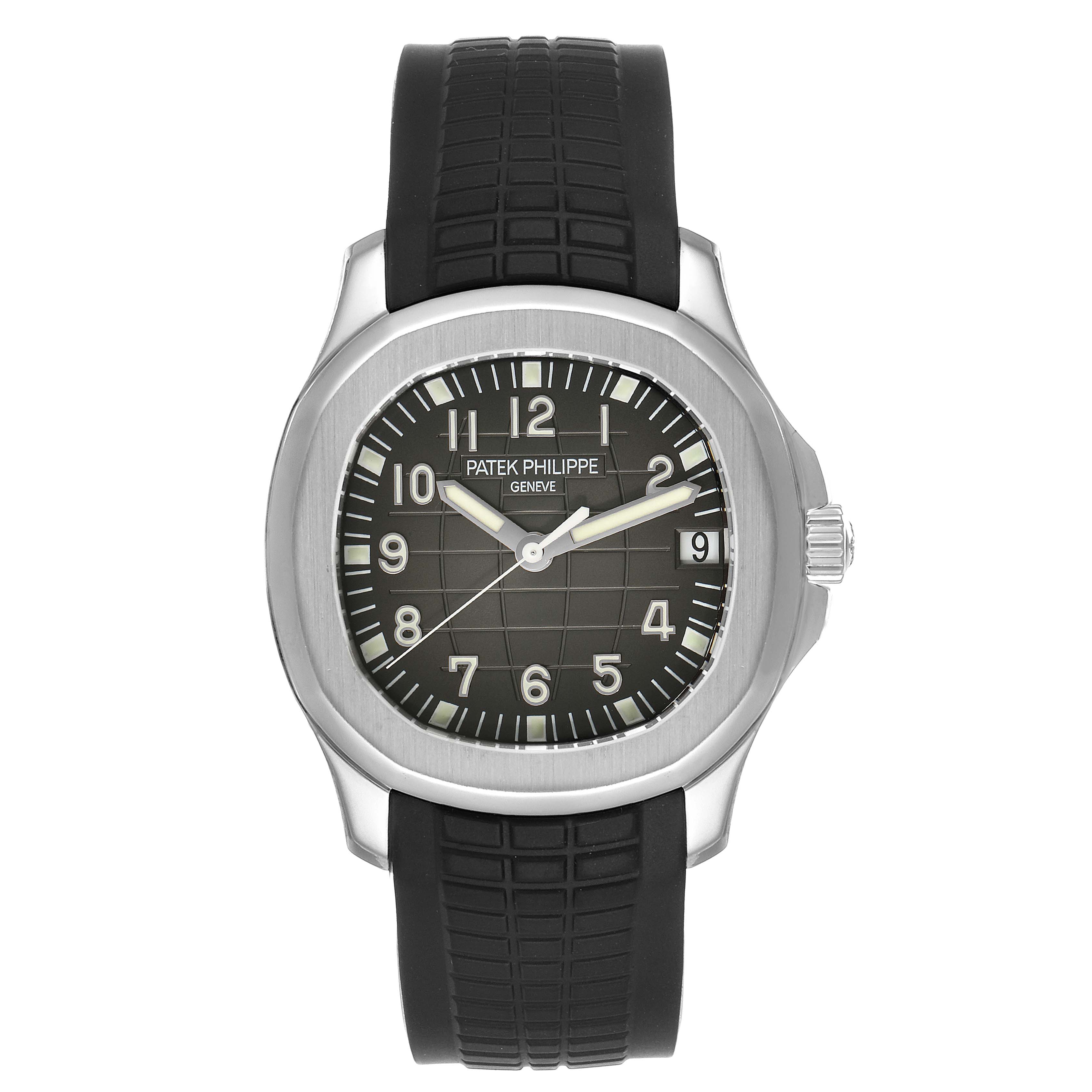 The image shows a front view of the Patek Philippe Aquanaut 5165A-00 Men's Stainless Steel Black Dial 5165A-00 Men's Stainless Steel Black Dial watch, highlighting its dial, bezel, strap, and crown.