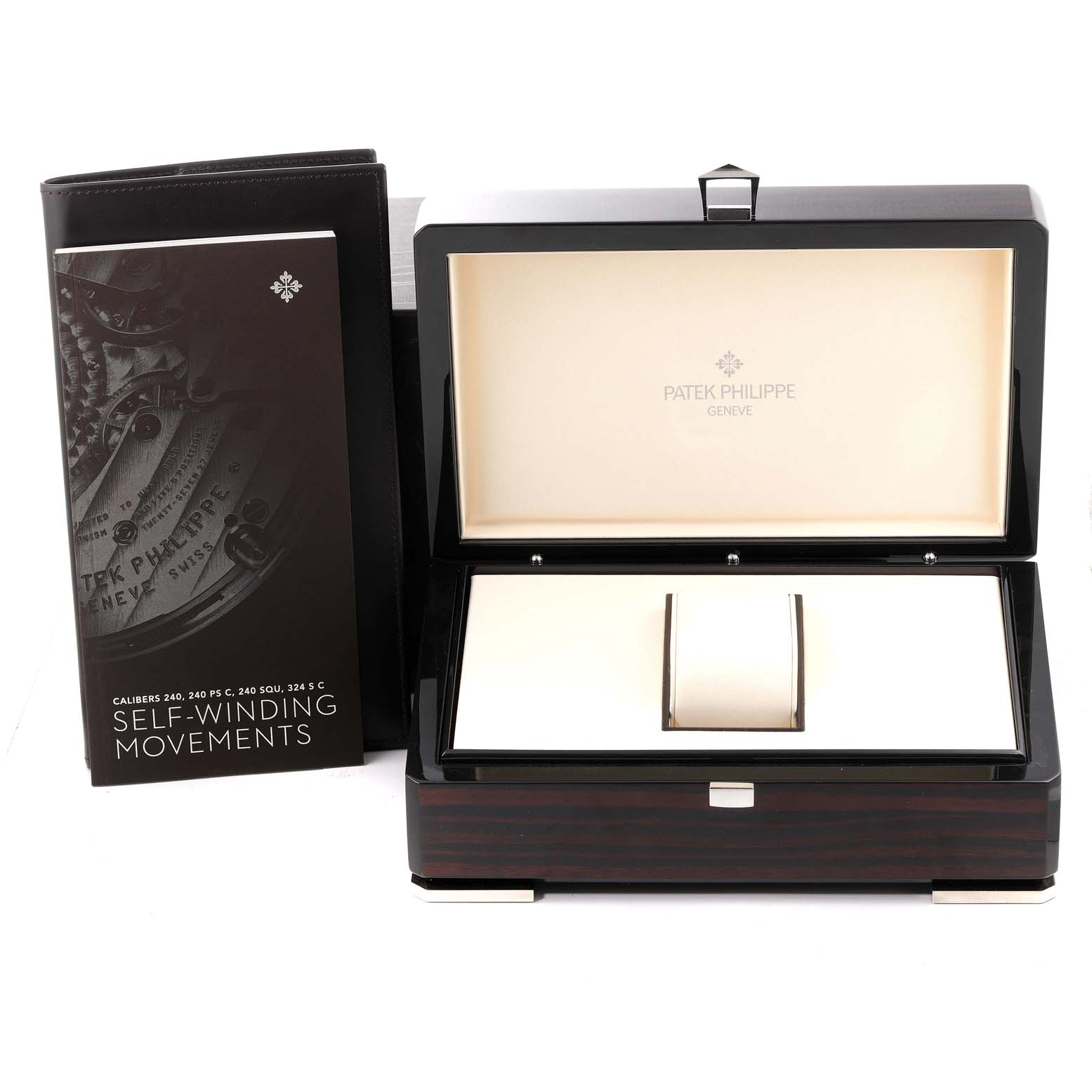The image displays a Patek Philippe Calatrava 5296G Men's White Gold Silver Dial 5296G Men's White Gold Silver Dial watch box and instruction manual from a front angle.