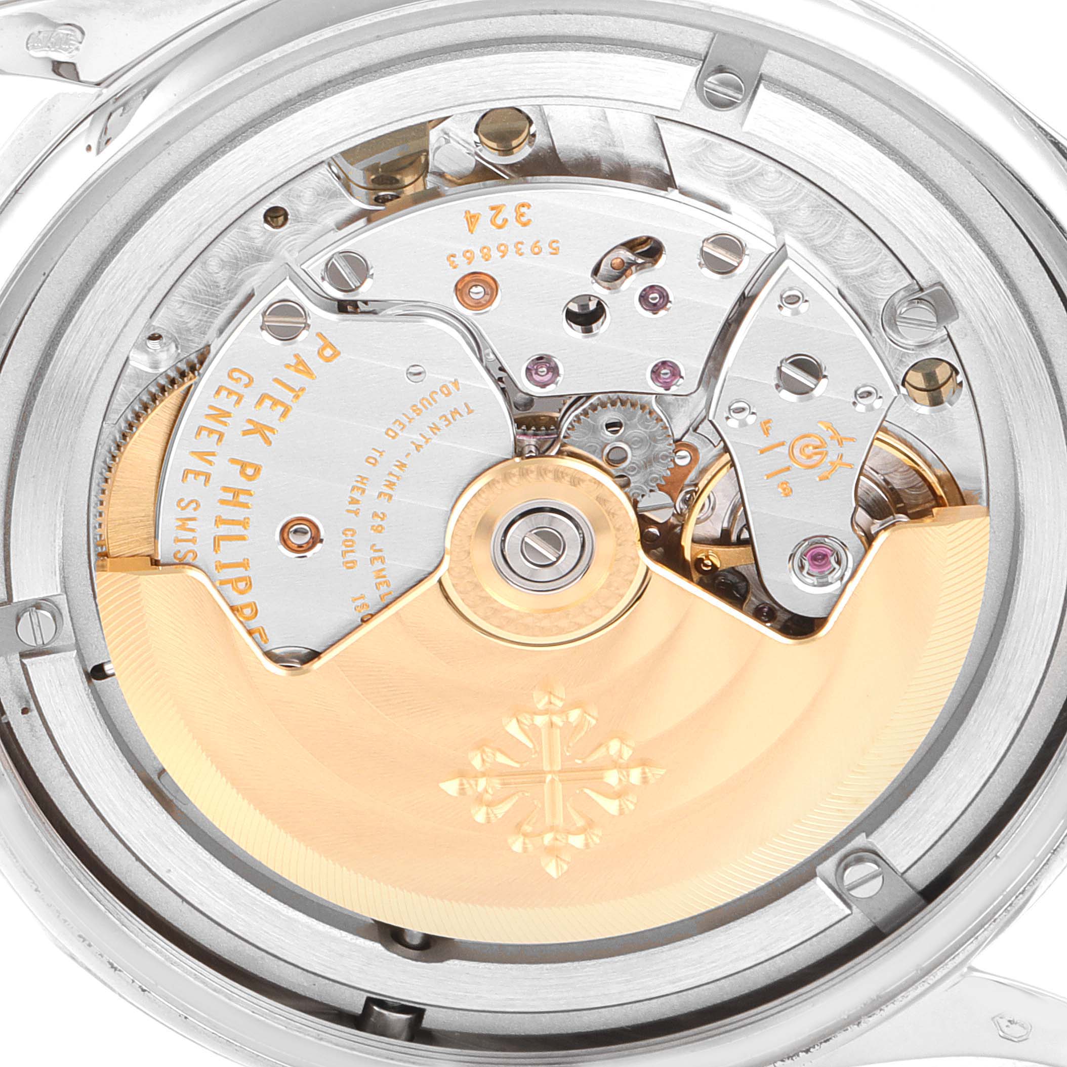 This image shows the back view of the movement mechanism of a Patek Philippe Calatrava 5296G Men's White Gold Silver Dial 5296G Men's White Gold Silver Dial watch.