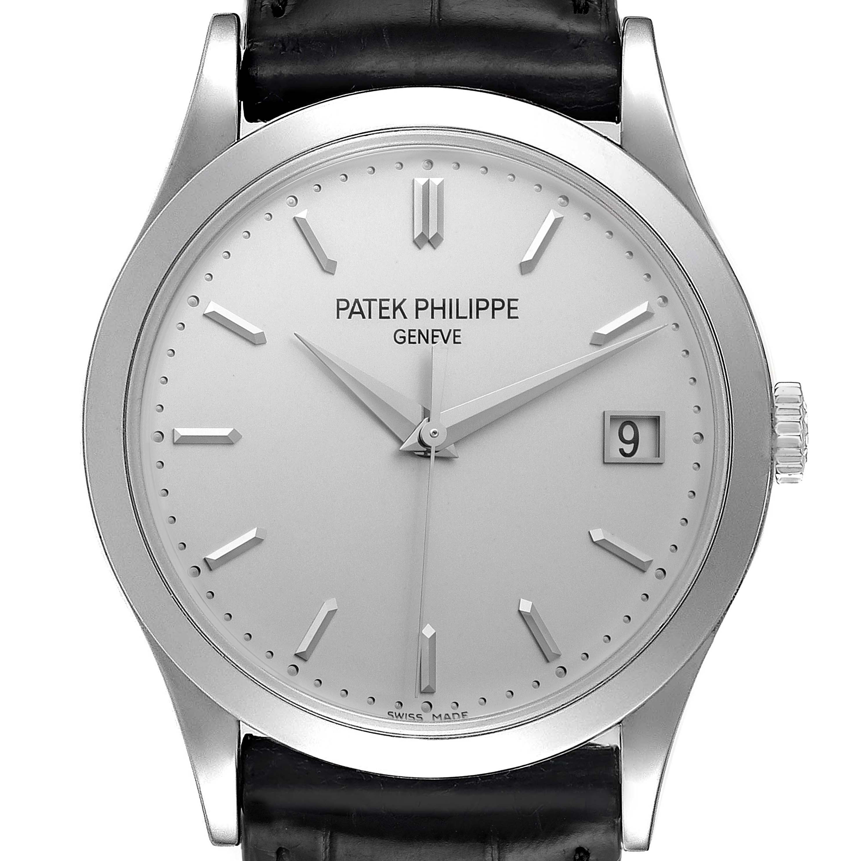 This image shows a front view of the Patek Philippe Calatrava 5296G Men's White Gold Silver Dial 5296G Men's White Gold Silver Dial watch, featuring its dial, hands, date display, and part of the leather strap.