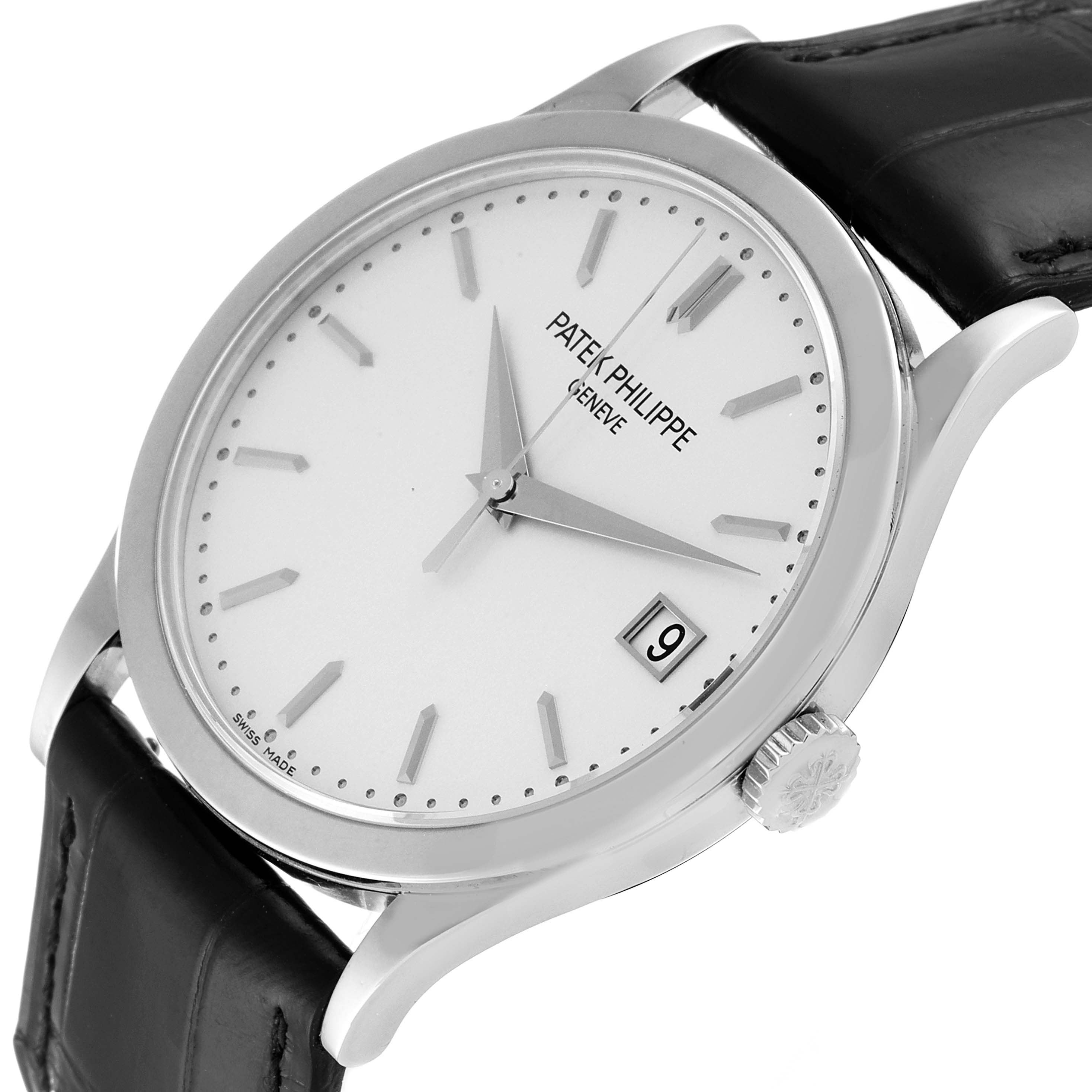 The image shows a Calatrava Patek Philippe watch at an angled view, displaying the face, crown, and part of the strap.