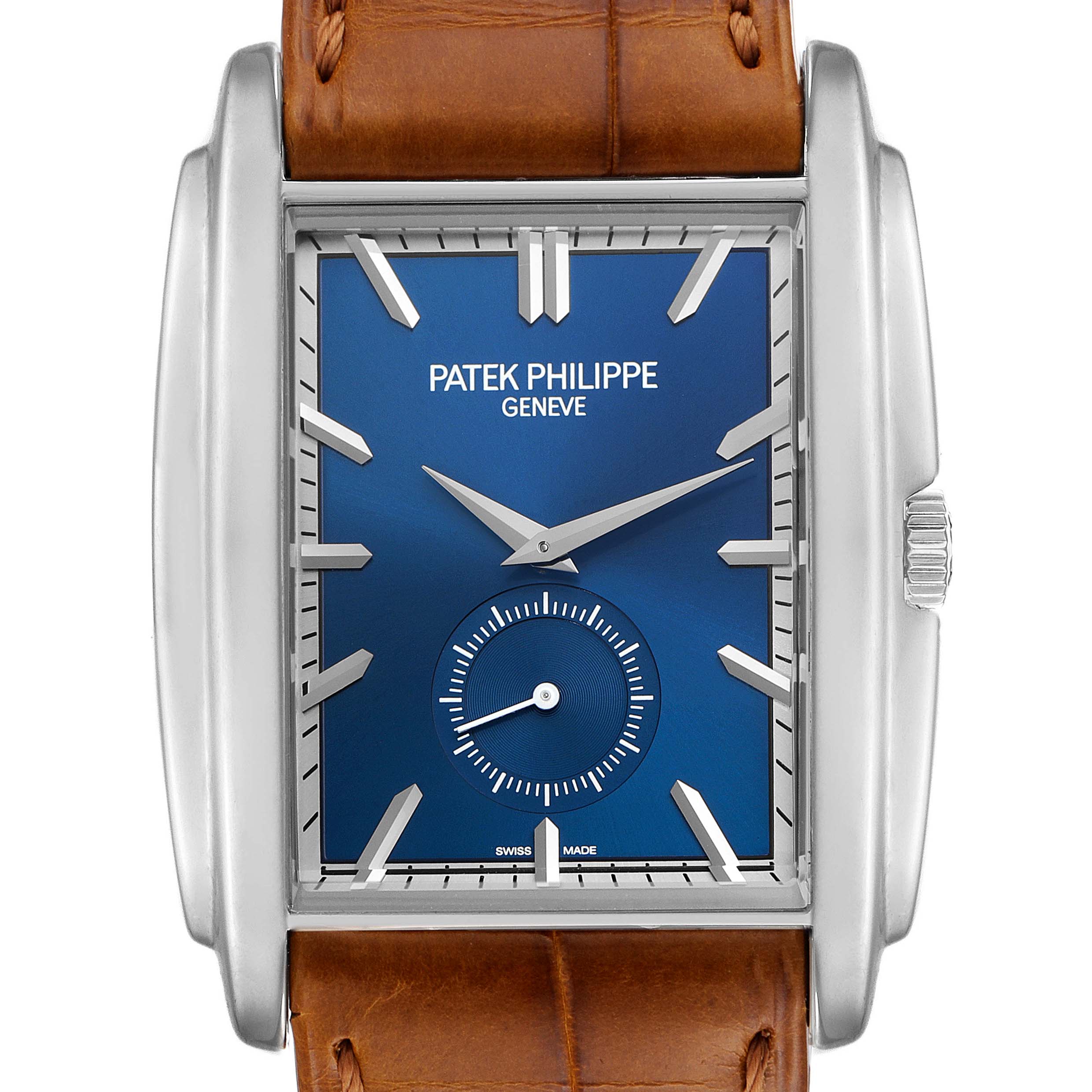This image shows a front view of the Patek Philippe Gondolo 5124G Men's White Gold Blue Dial 5124G Men's White Gold Blue Dial watch, highlighting the blue dial, stainless steel case, and brown leather strap.