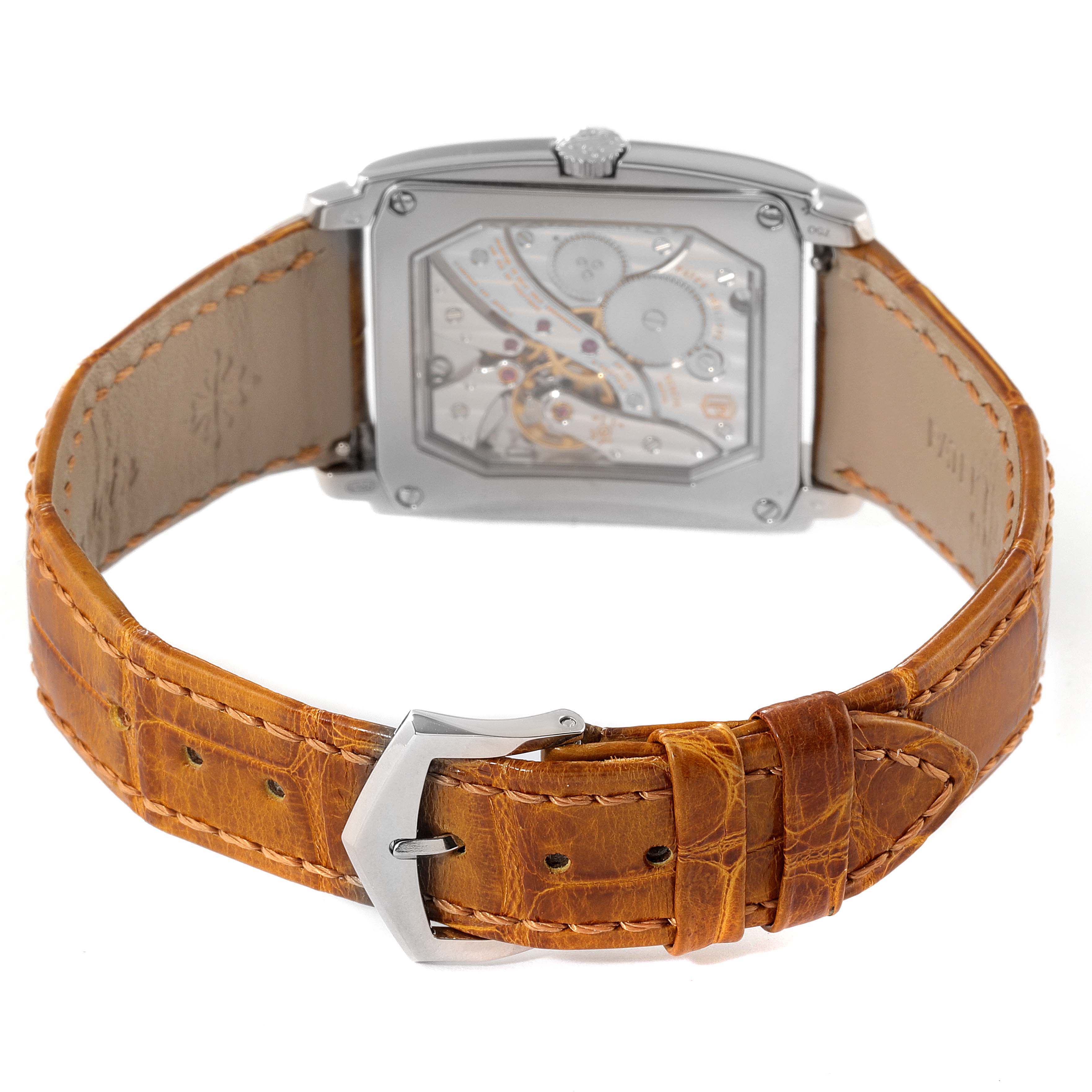 The image shows the back and strap of a Patek Philippe Gondolo 5124G Men's White Gold Blue Dial 5124G Men's White Gold Blue Dial watch, highlighting its leather band and transparent case back.