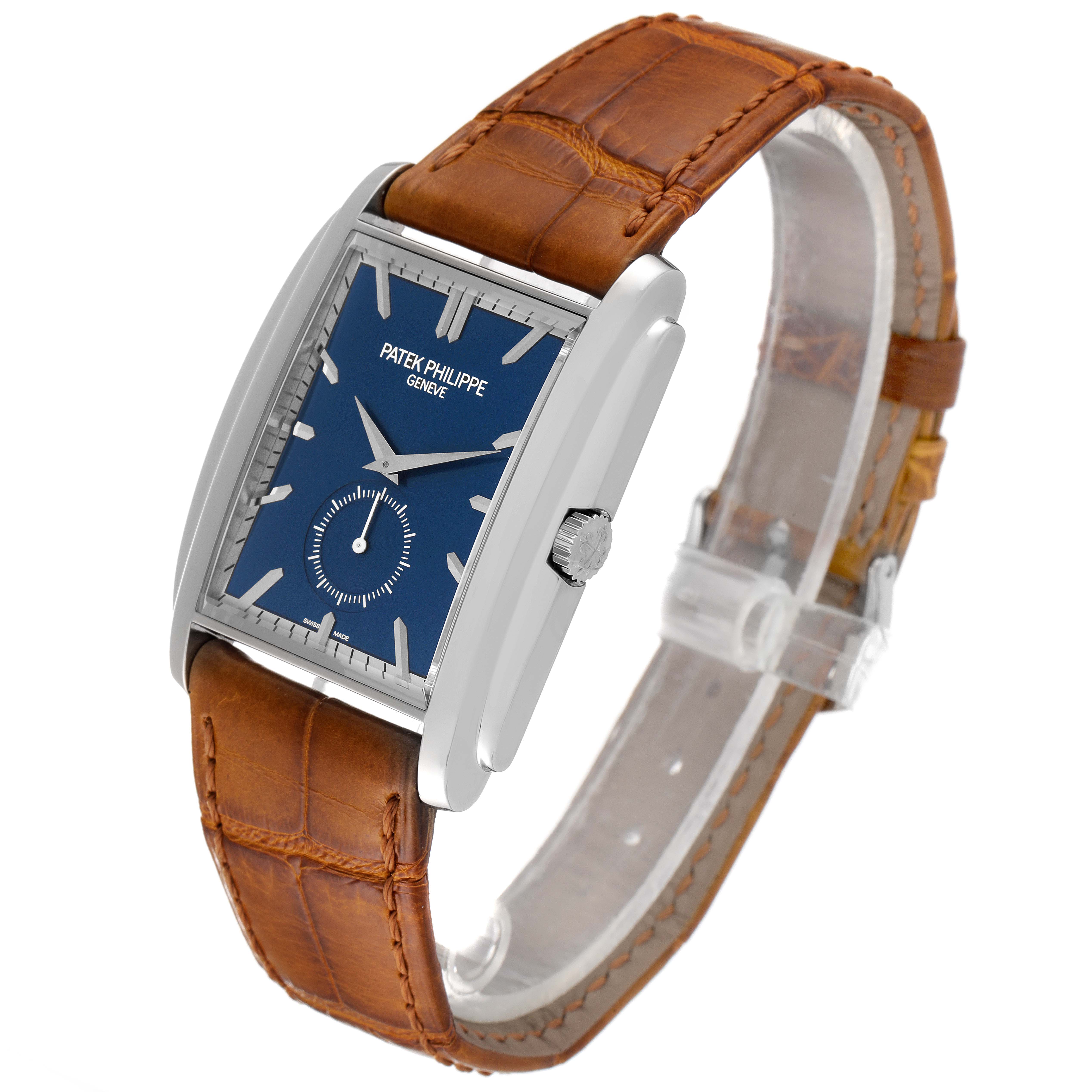 The image shows a Patek Philippe Gondolo 5124G Men's White Gold Blue Dial 5124G Men's White Gold Blue Dial watch from an angled view, highlighting the dial, case, crown, and leather strap.