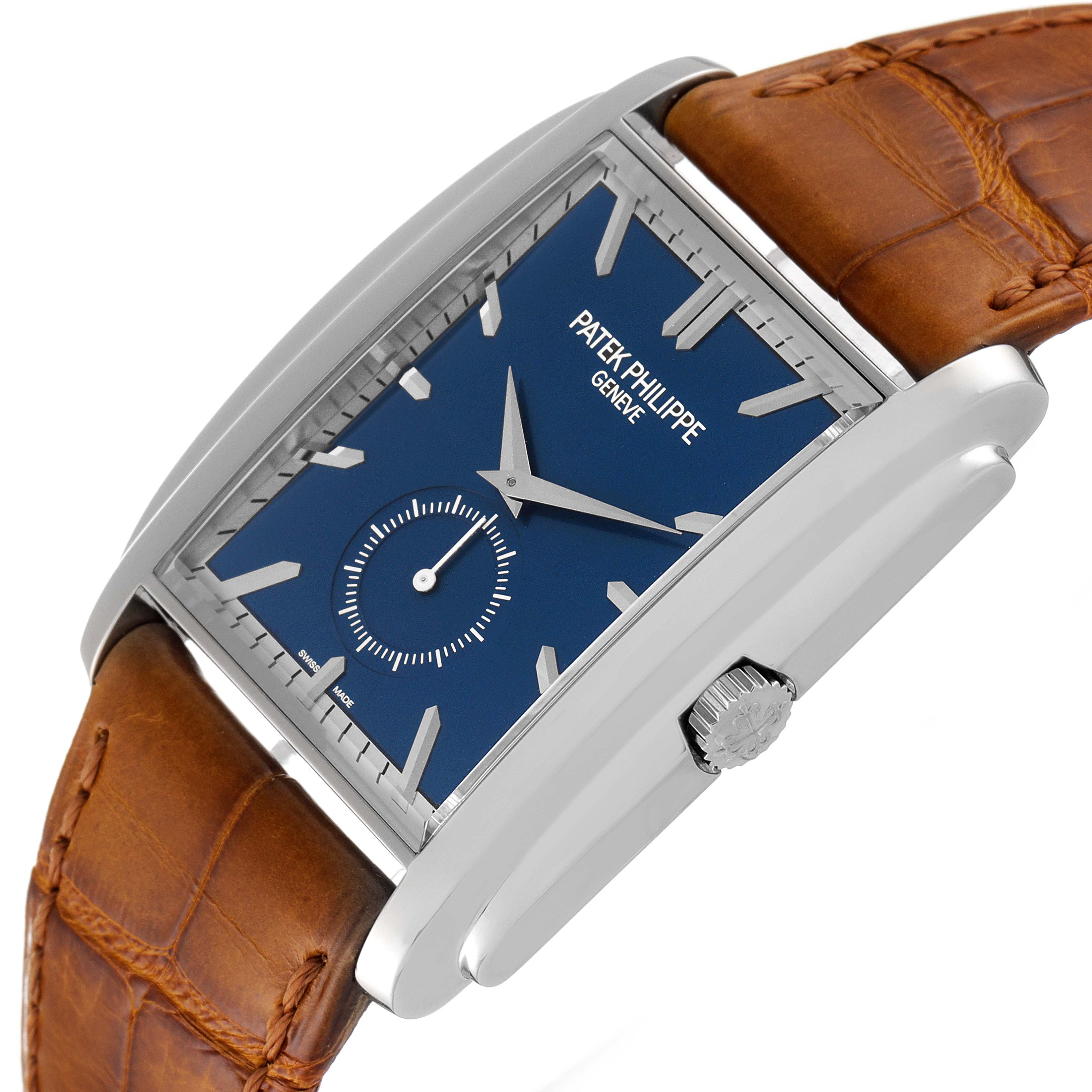The image shows a Patek Philippe Gondolo 5124G Men's White Gold Blue Dial 5124G Men's White Gold Blue Dial watch angled to display the blue dial, crown, and brown leather strap.