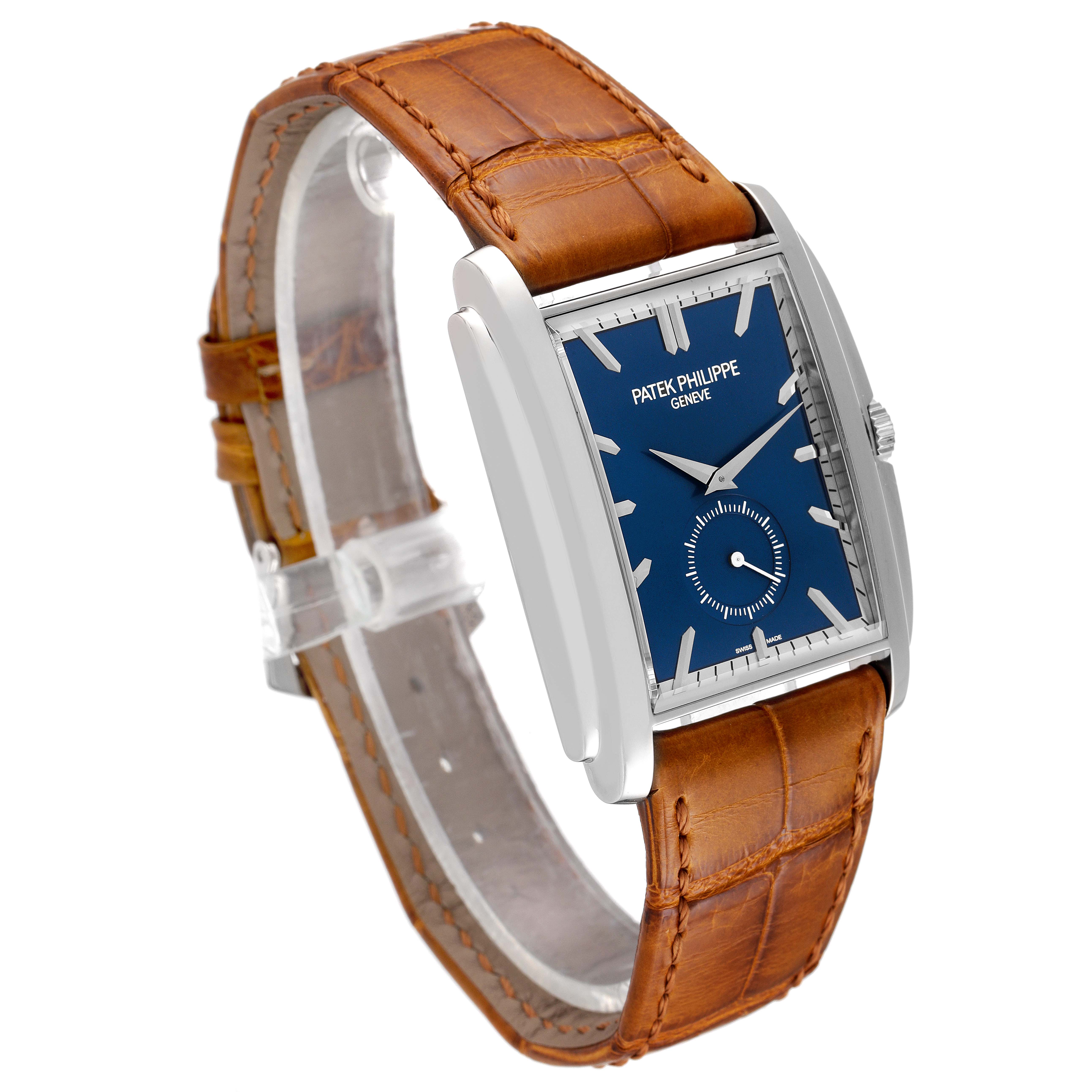 The image shows a Patek Philippe Gondolo 5124G Men's White Gold Blue Dial 5124G Men's White Gold Blue Dial watch at a slight angle, highlighting the blue dial, brown leather strap, and case.