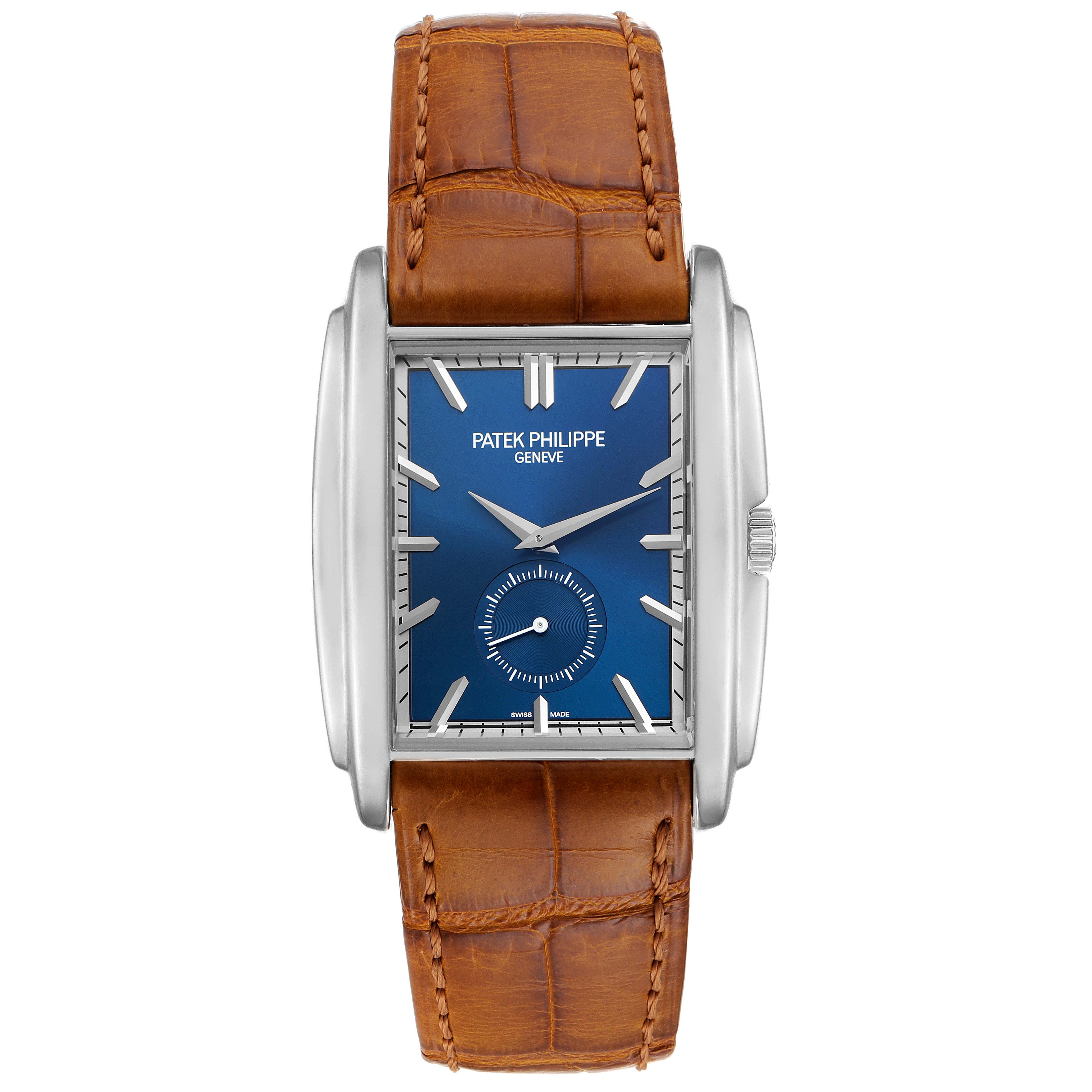 The image shows a front view of a Patek Philippe Gondolo 5124G Men's White Gold Blue Dial 5124G Men's White Gold Blue Dial watch with a blue dial and a brown leather strap.