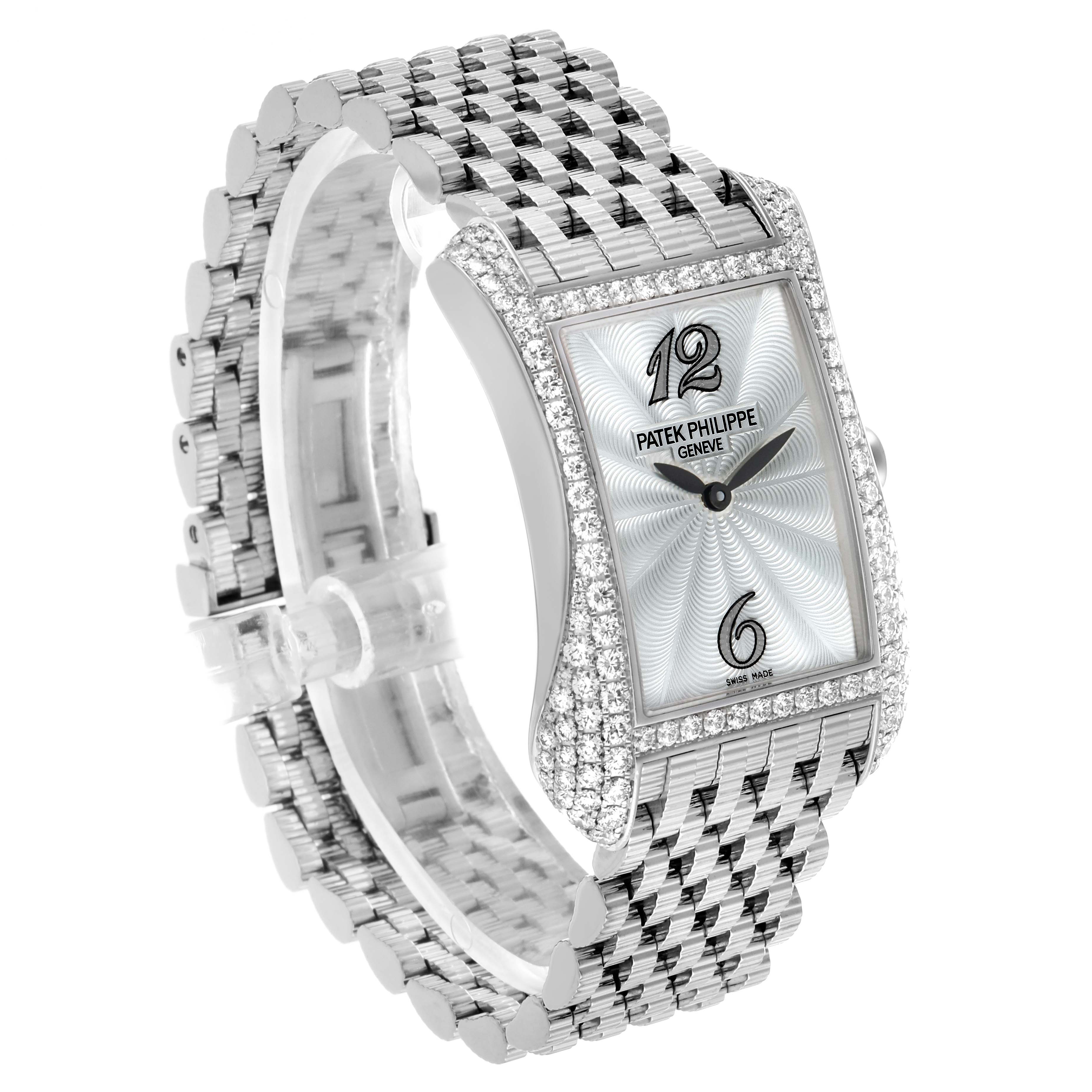 The image shows a Patek Philippe Gondolo 4972/1G-001 Women's White Gold Mother of Pearl Dial watch from a three-quarter angle, highlighting the dial, diamond-set bezel, and bracelet.