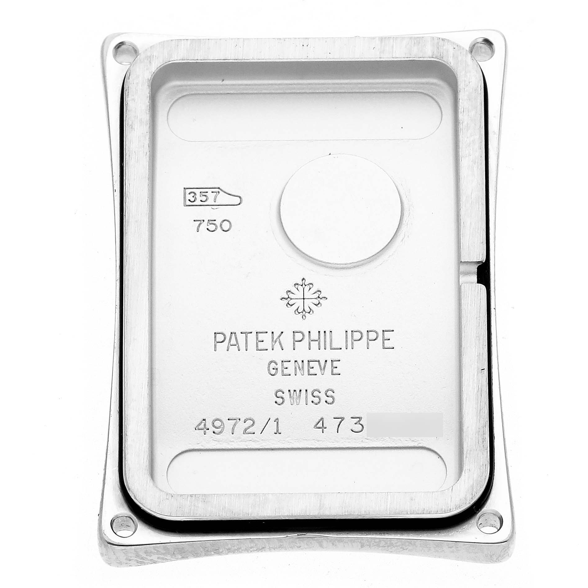 The image shows the back cover of a Patek Philippe Gondolo 4972/1G-001 Women's White Gold Mother of Pearl Dial watch, highlighting inscriptions and hallmark details.