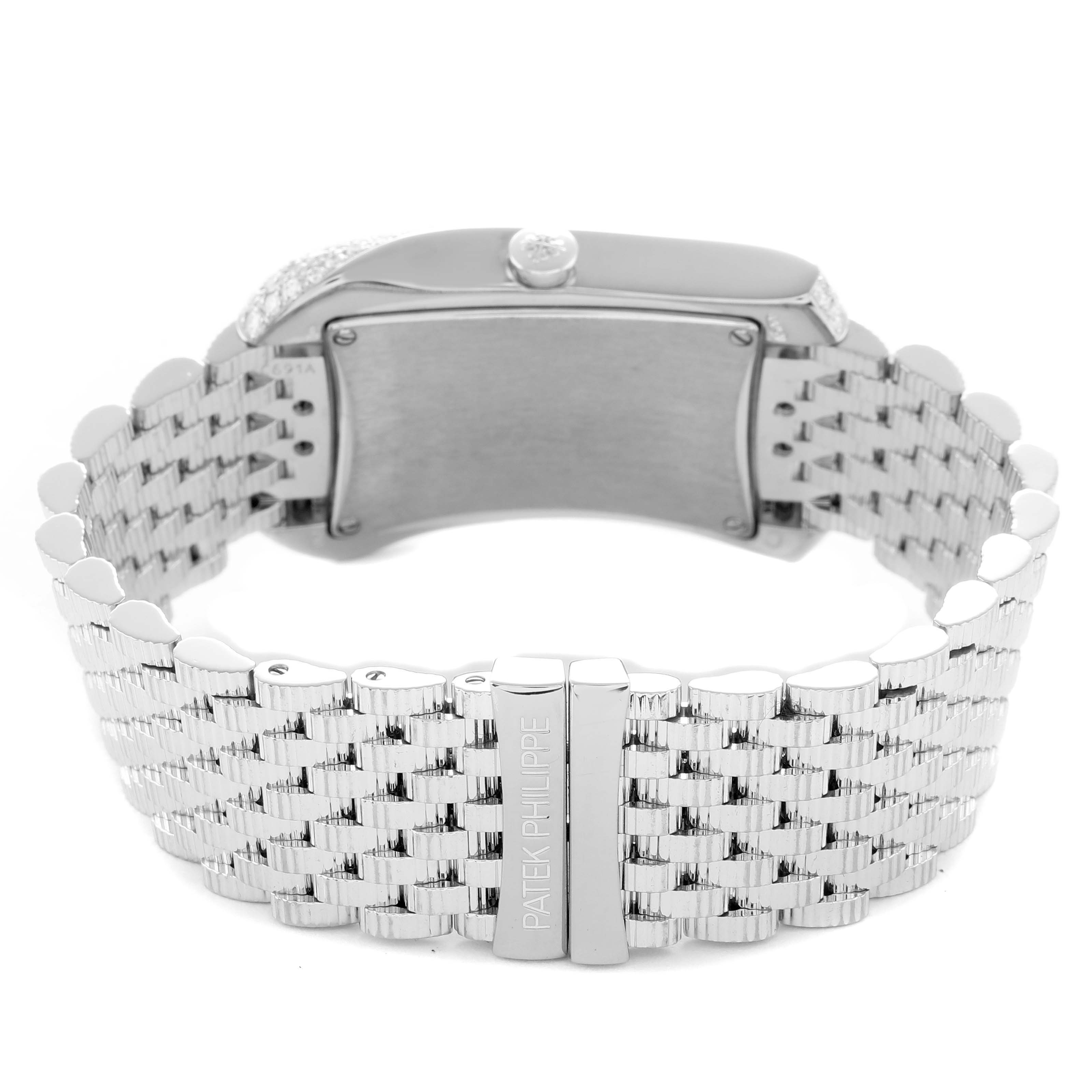 The Patek Philippe Gondolo 4972/1G-001 Women's White Gold Mother of Pearl Dial watch is shown from the rear, highlighting the metal bracelet and clasp.