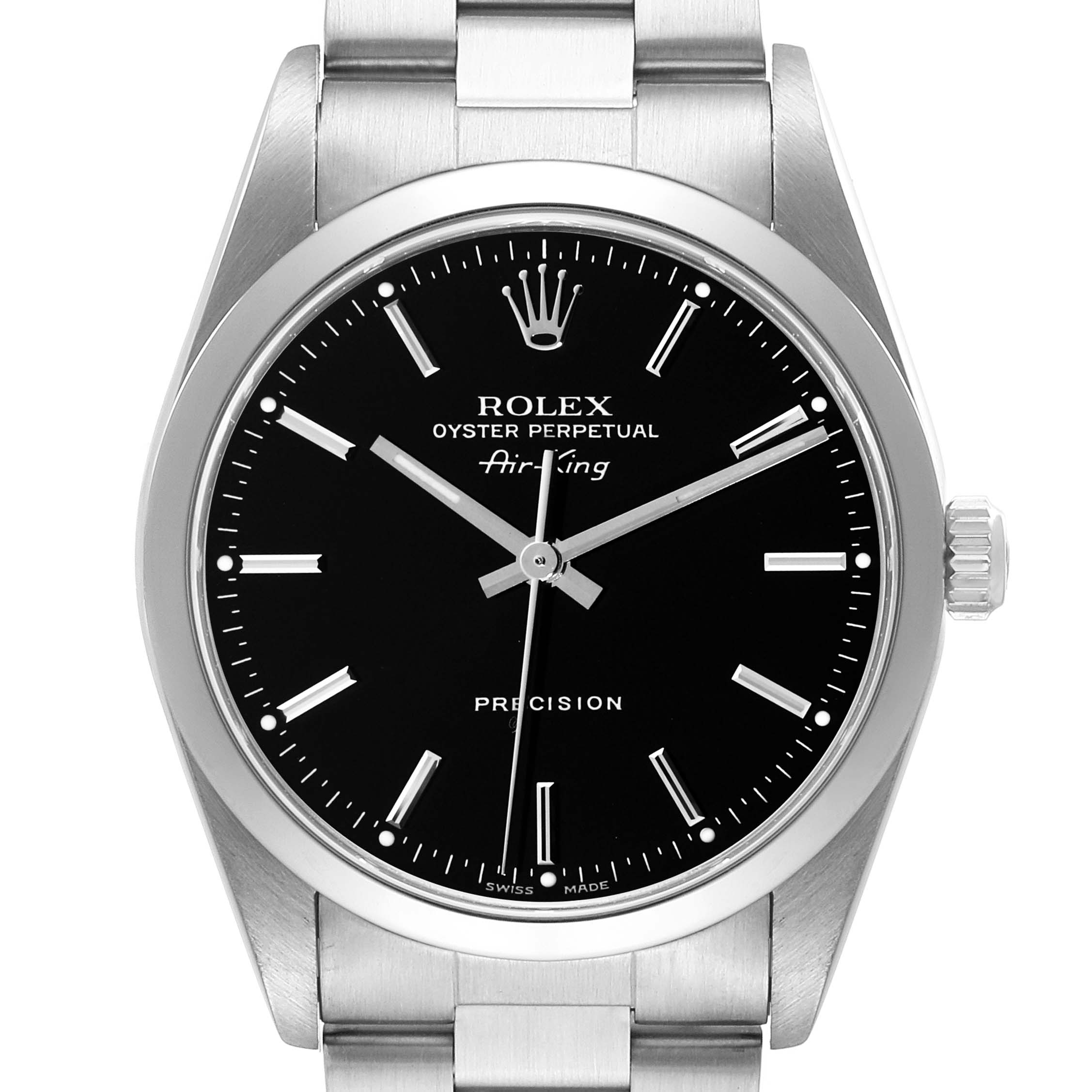 The image shows a front view of the Rolex Air-King 14000 Men's Stainless Steel Black Dial 14000 Men's Stainless Steel Black Dial watch, highlighting the dial, hands, crown, and part of the bracelet.