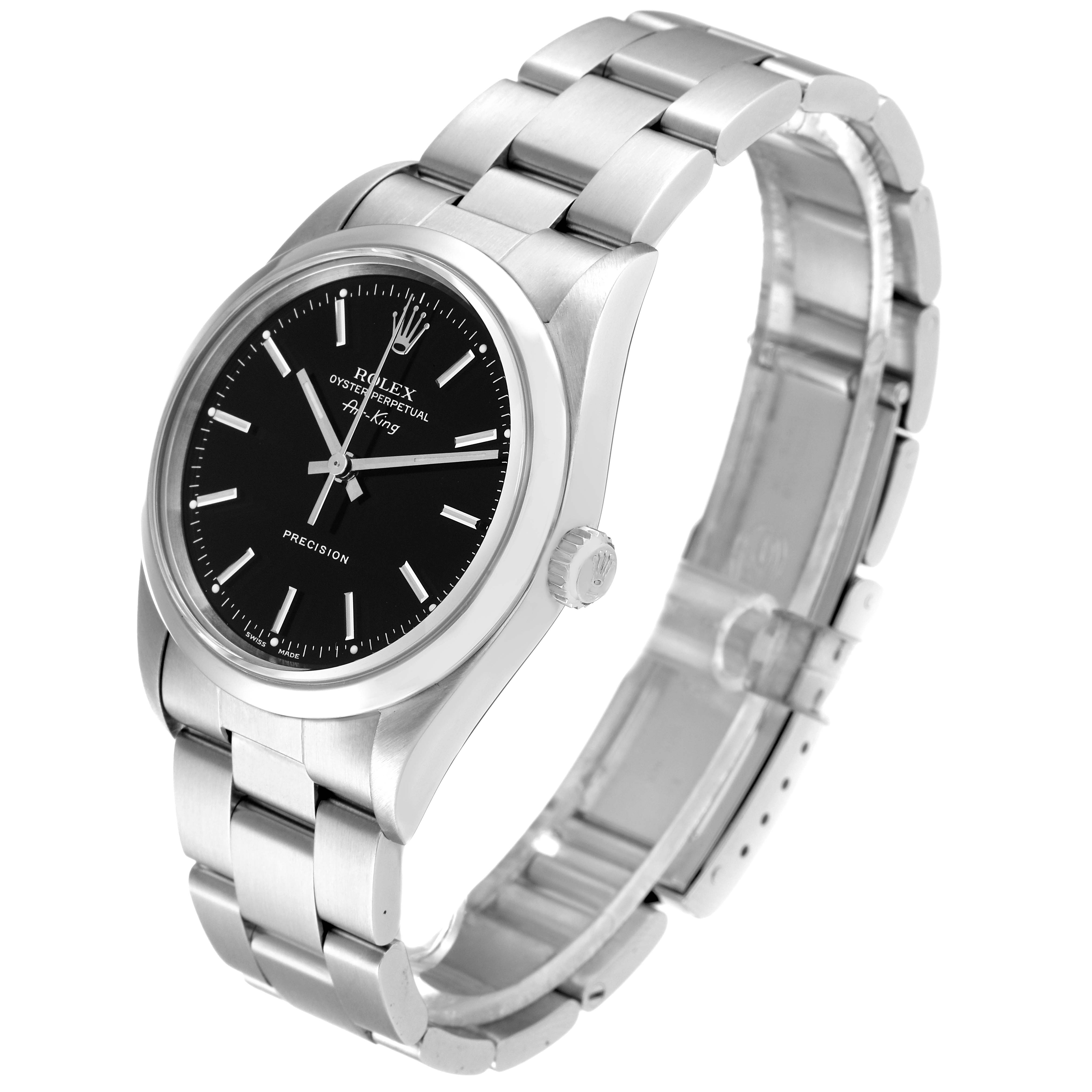 A Rolex Air-King 14000 Men's Stainless Steel Black Dial 14000 Men's Stainless Steel Black Dial model watch is shown at a three-quarter angle, displaying its black dial, case, crown, and stainless steel bracelet.