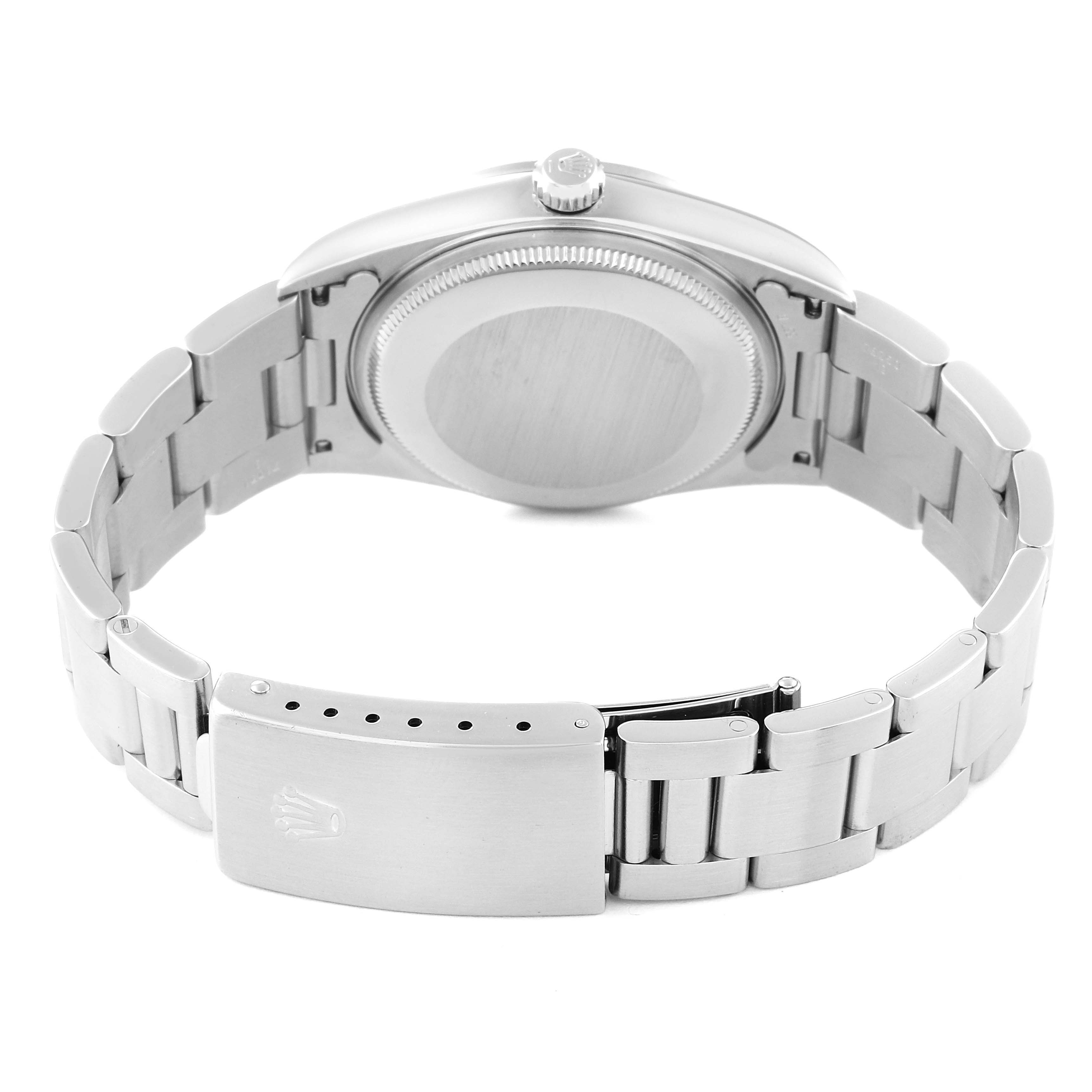 The image shows the back of the Rolex Air-King 14000 Men's Stainless Steel Black Dial 14000 Men's Stainless Steel Black Dial watch, highlighting its clasp, bracelet, and case back from a rear angle.