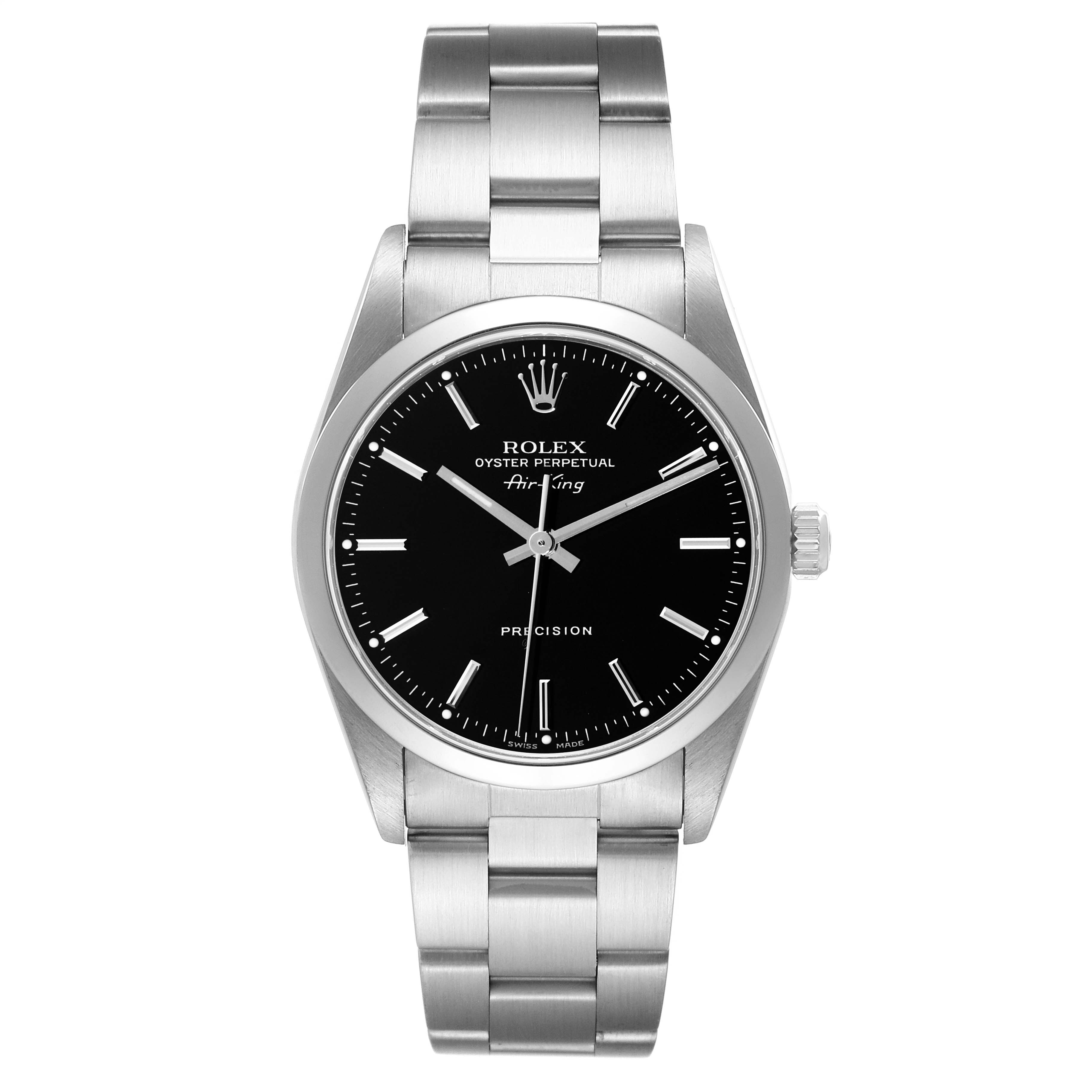 This image shows a front view of a Rolex Air-King 14000 Men's Stainless Steel Black Dial 14000 Men's Stainless Steel Black Dial watch displaying its black dial and stainless steel bracelet.