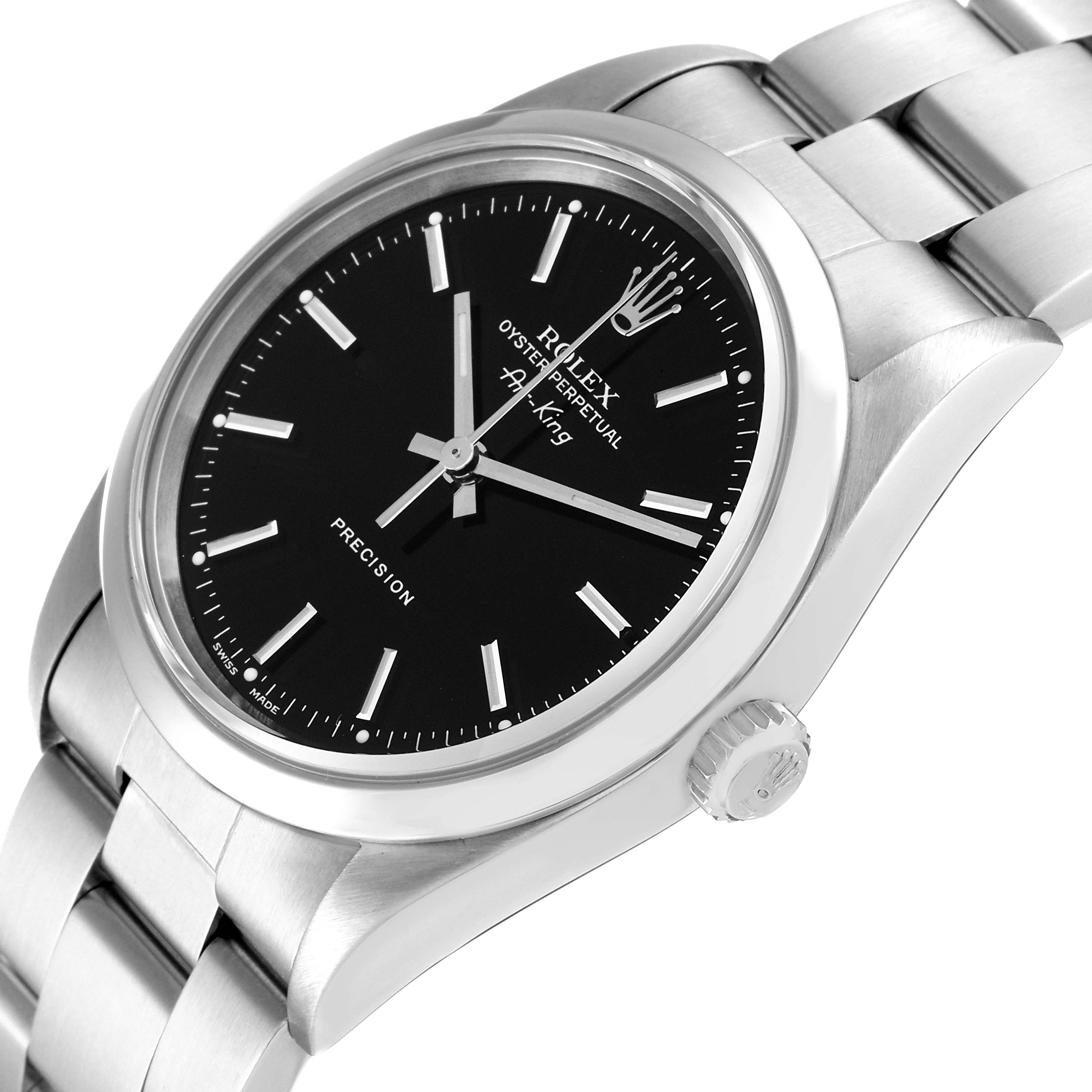 The image shows a Rolex Air-King 14000 Men's Stainless Steel Black Dial 14000 Men's Stainless Steel Black Dial watch at a slight angle, highlighting the dial, bezel, crown, and part of the bracelet.