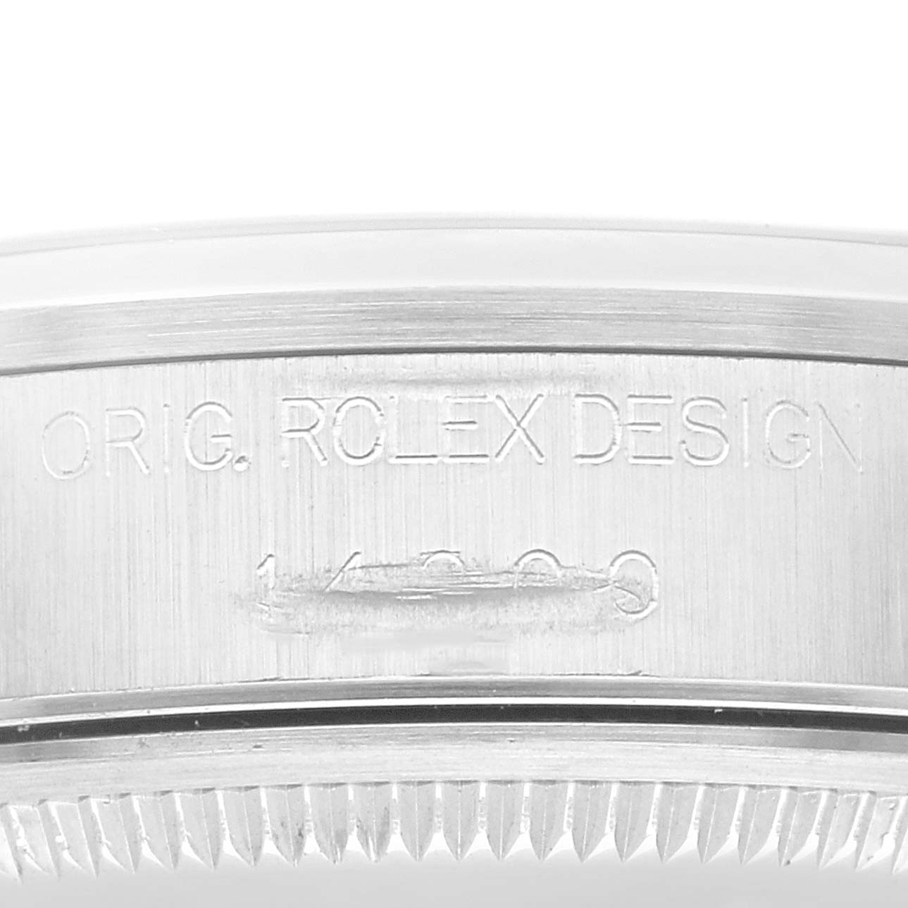 This close-up image shows the side engraving on a Rolex Air-King 14000 Men's Stainless Steel Black Dial 14000 Men's Stainless Steel Black Dial watch case.