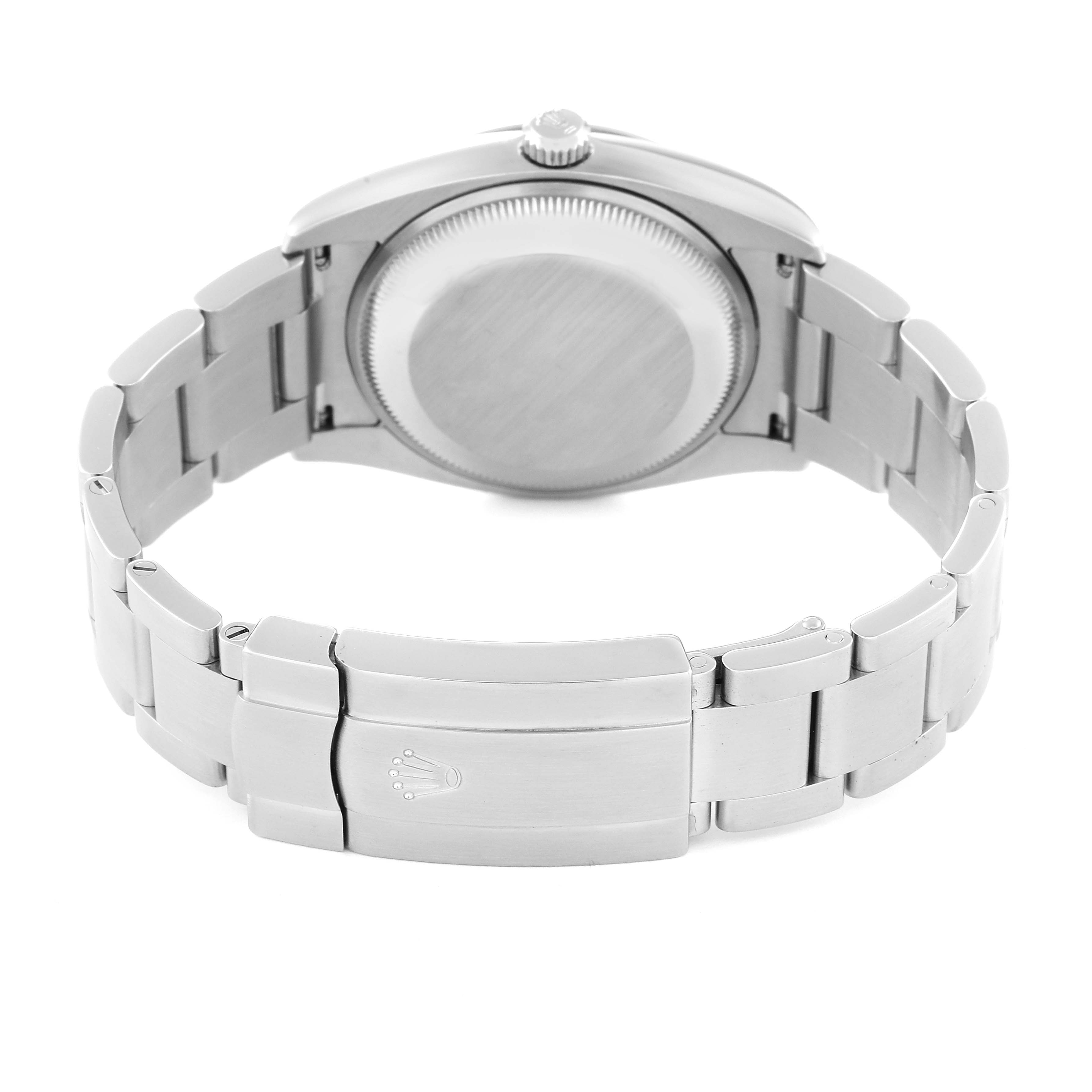 The image shows the back view of a Rolex Air-King 114200 Men's Stainless Steel Blue Dial 114200 Men's Stainless Steel Blue Dial watch, highlighting its clasp and case back.