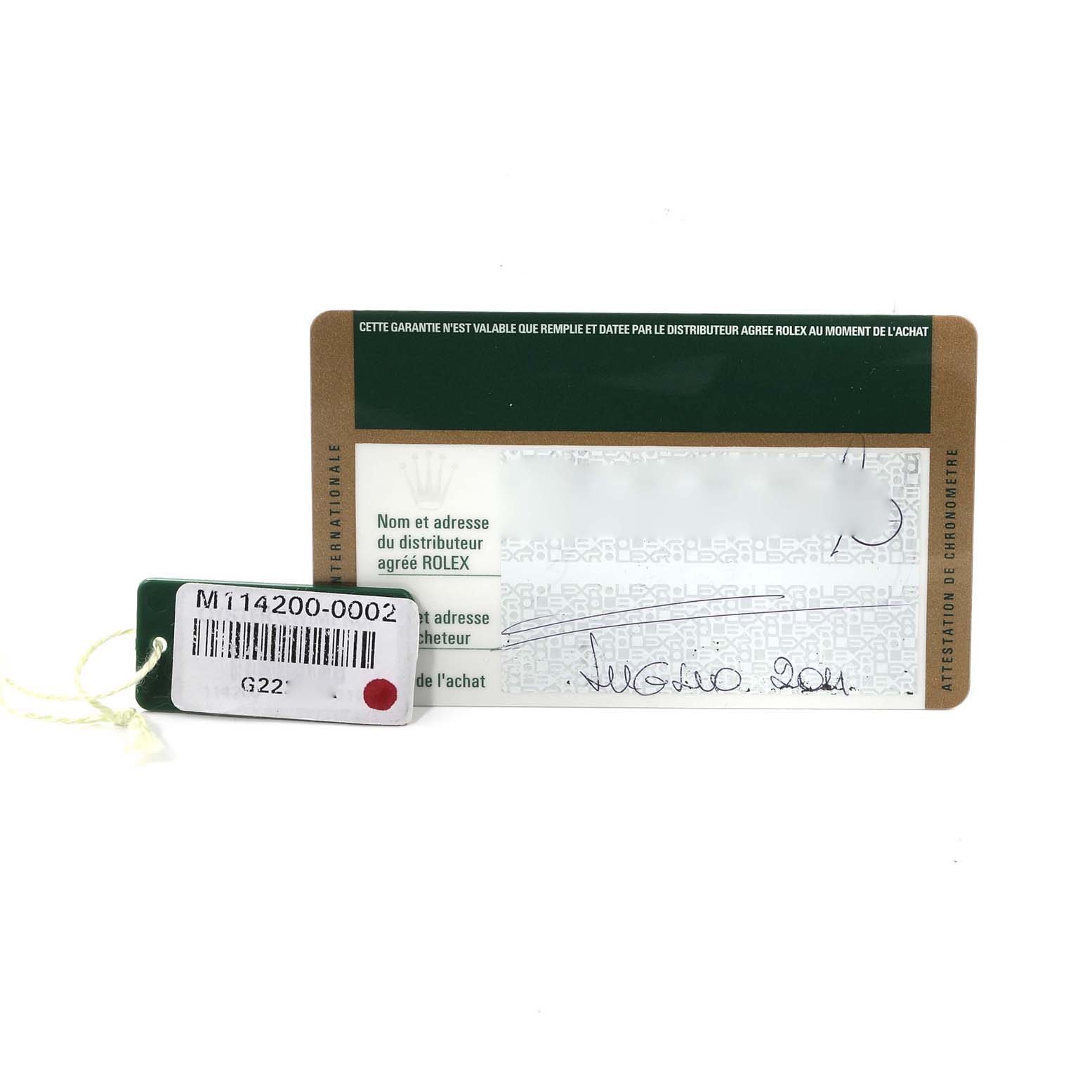 The image shows a warranty card and a hang tag for the Rolex Air-King 114200 Men's Stainless Steel Blue Dial 114200 Men's Stainless Steel Blue Dial model.