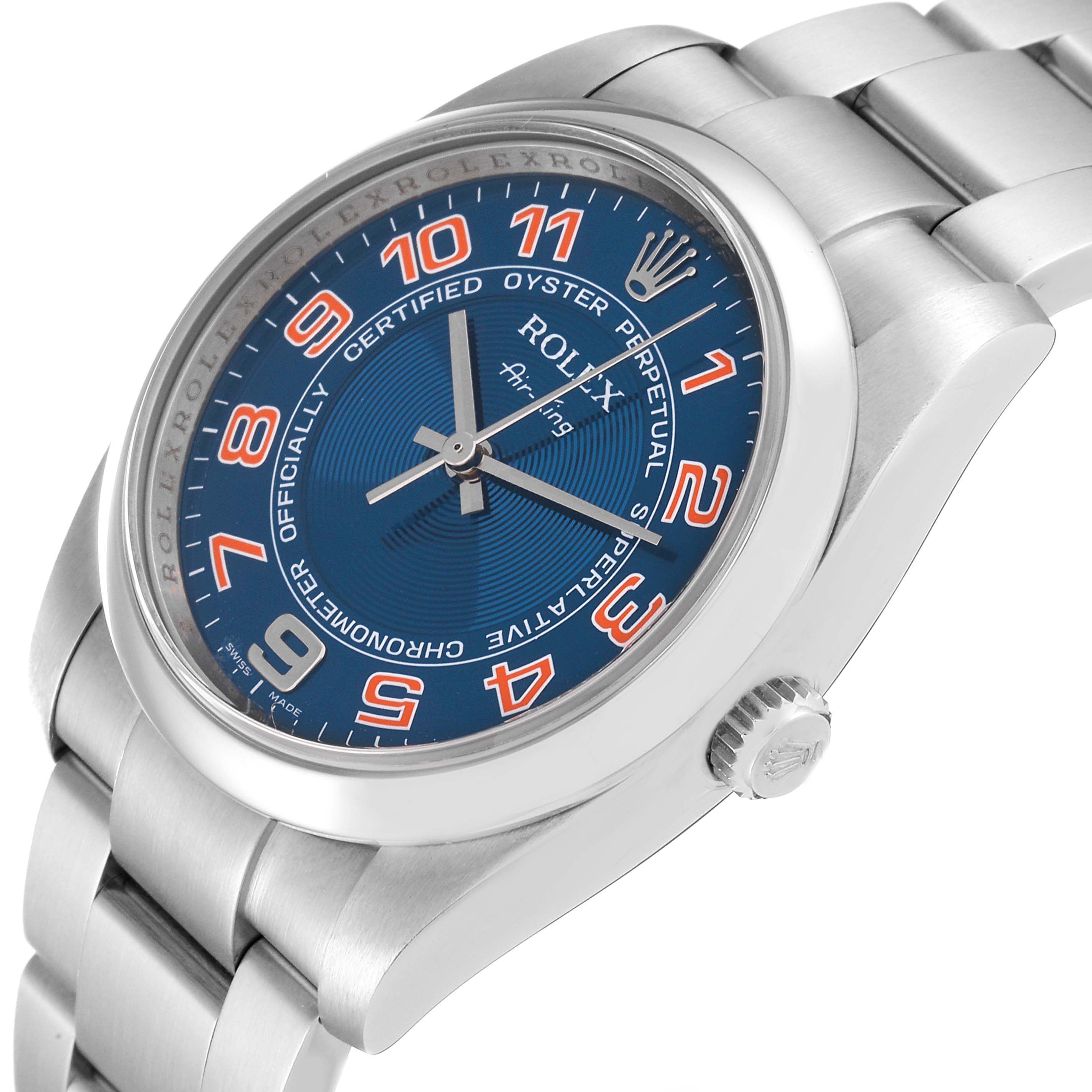 The Rolex Air-King 114200 Men's Stainless Steel Blue Dial 114200 Men's Stainless Steel Blue Dial watch is shown at a slight angle, highlighting the dial, crown, and part of the metal bracelet.