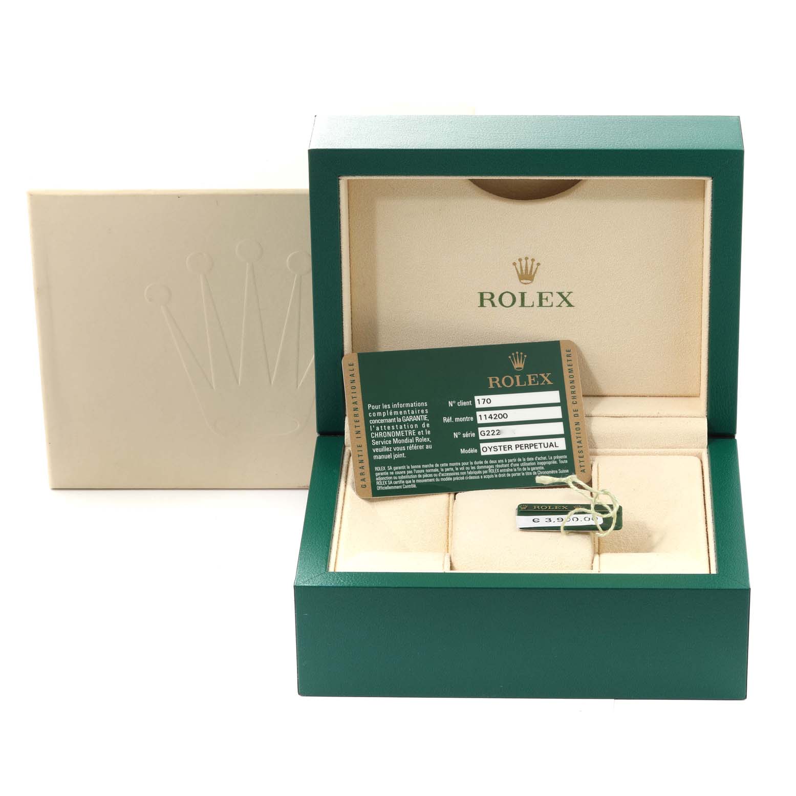 The image shows the packaging and certification for a Rolex Air-King 114200 Men's Stainless Steel Blue Dial 114200 Men's Stainless Steel Blue Dial watch, including the box and authenticity card.