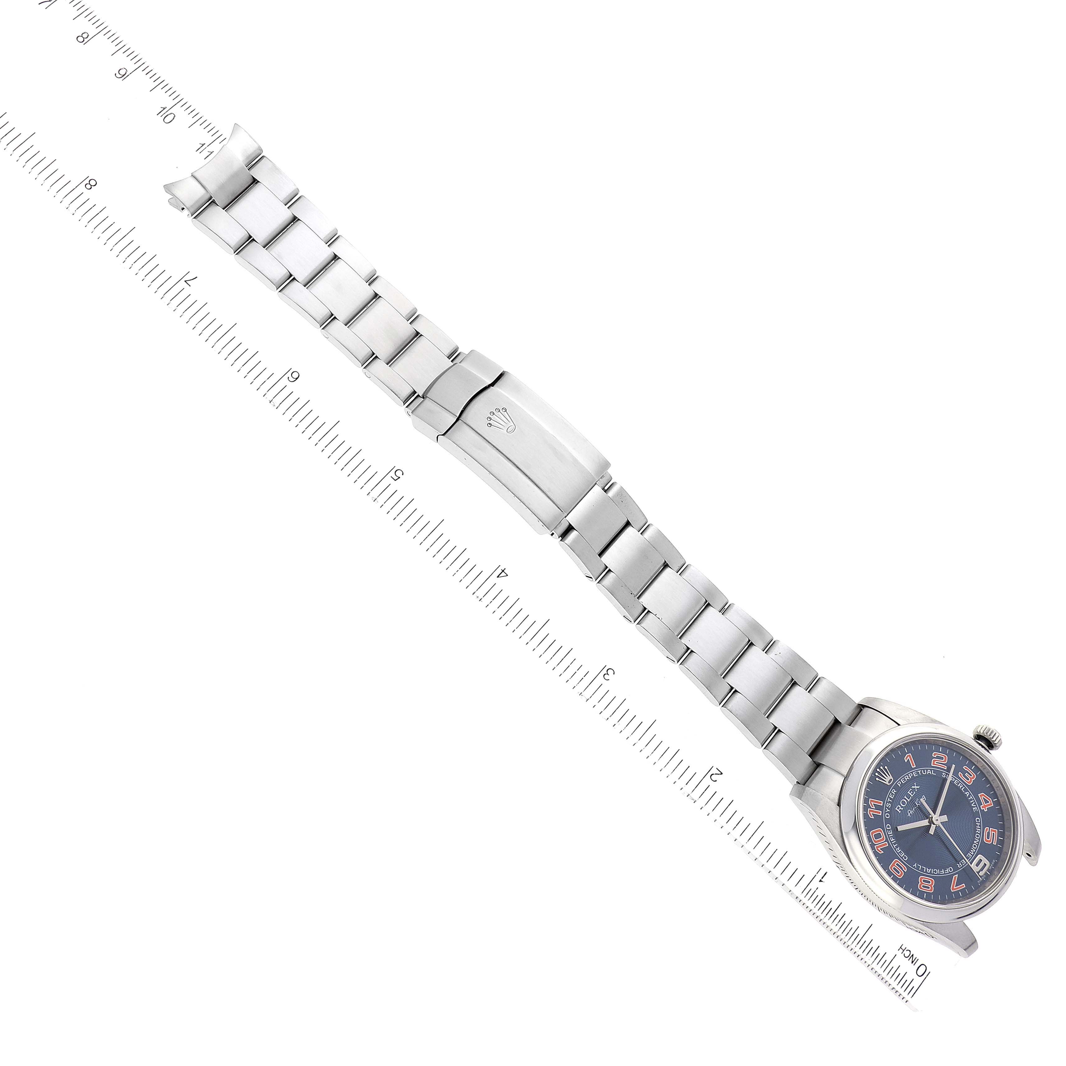 The image shows a top-down view of a Rolex Air-King 114200 Men's Stainless Steel Blue Dial 114200 Men's Stainless Steel Blue Dial watch, displaying its bracelet, clasp, and dial.