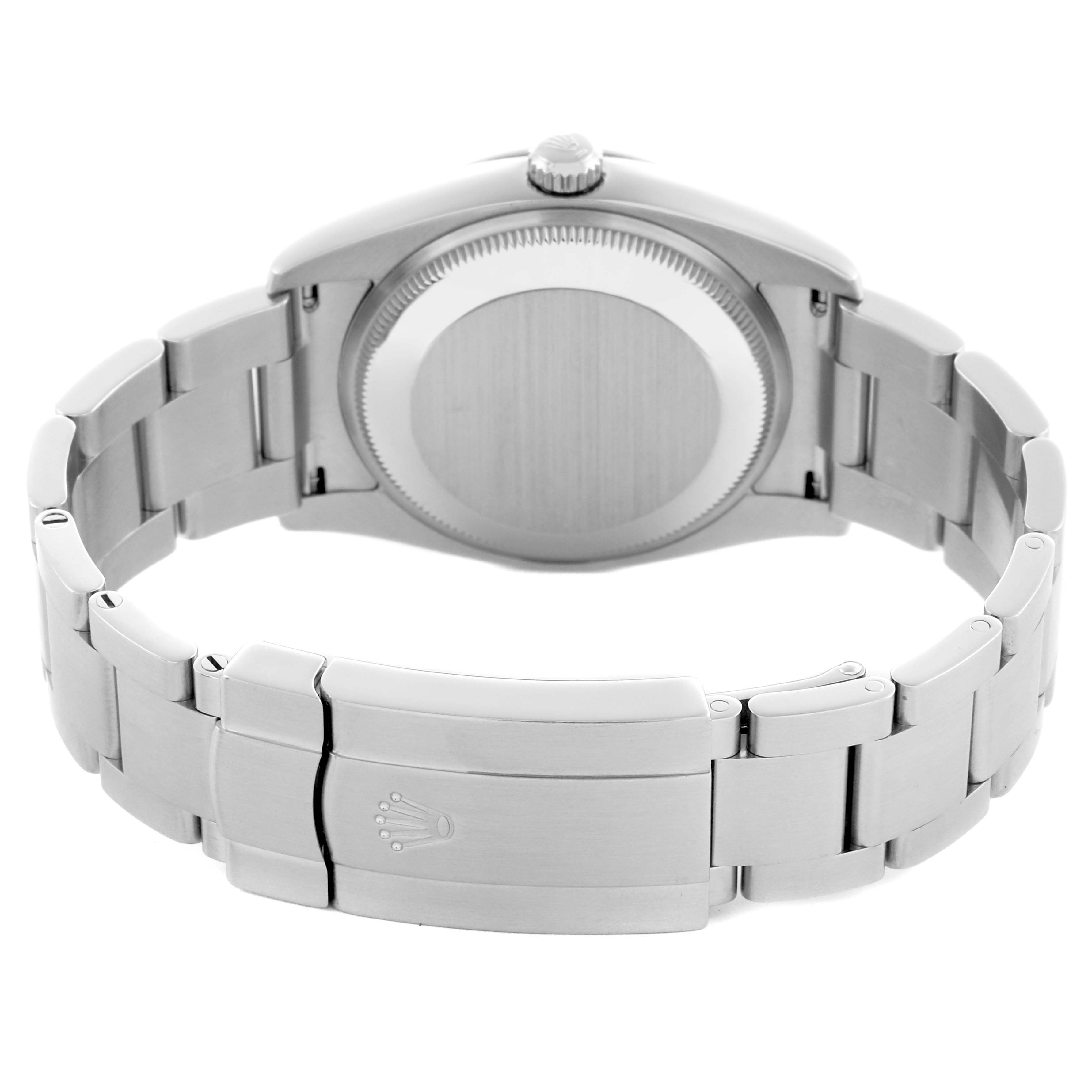 The Rolex Air-King 114200 Men's Stainless Steel Silver Dial 114200 Men's Stainless Steel Silver Dial watch is shown from the back, displaying the bracelet and clasp with the crown logo.