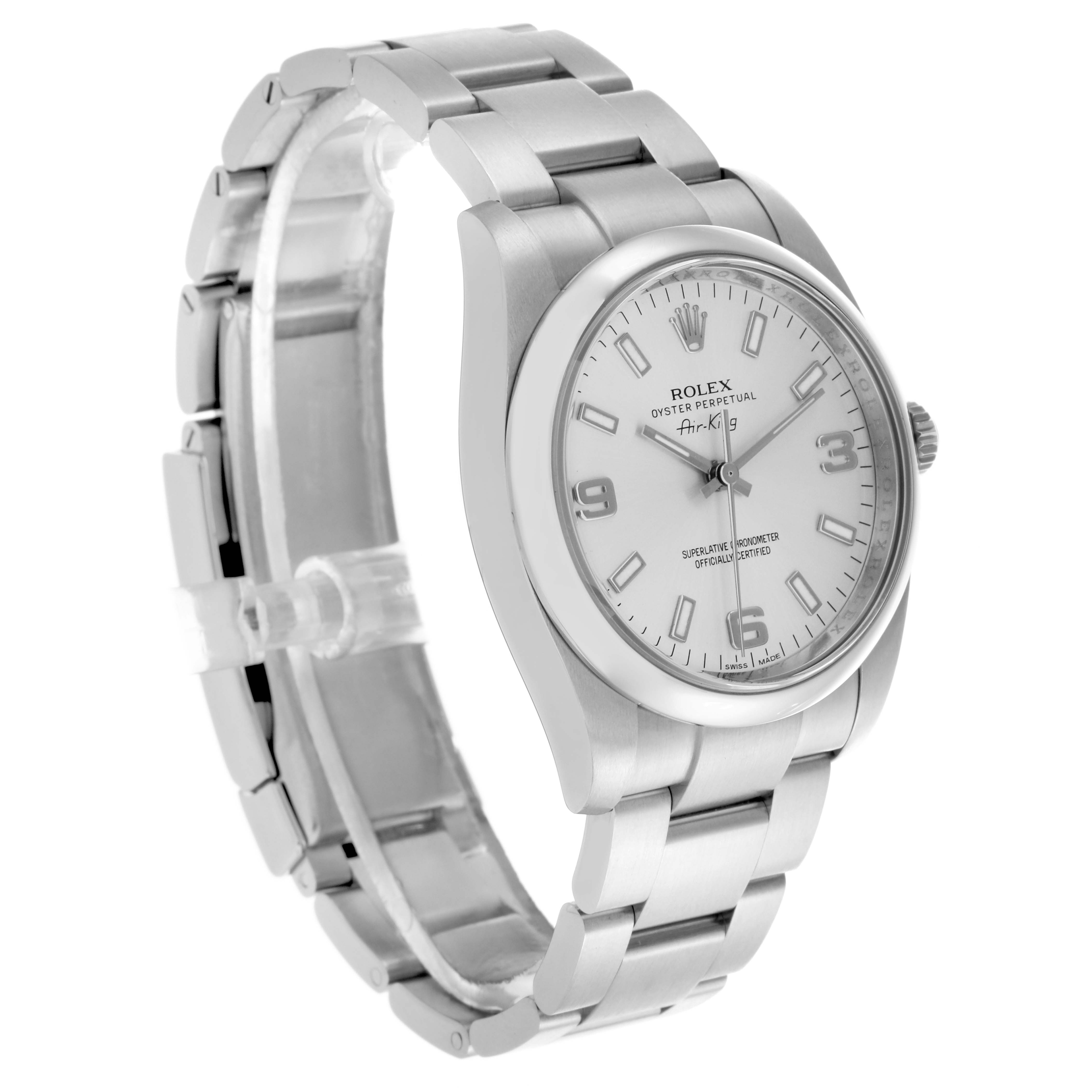 The Rolex Air-King 114200 Men's Stainless Steel Silver Dial 114200 Men's Stainless Steel Silver Dial watch is shown at a three-quarter angle, displaying the face, bezel, and stainless steel bracelet.