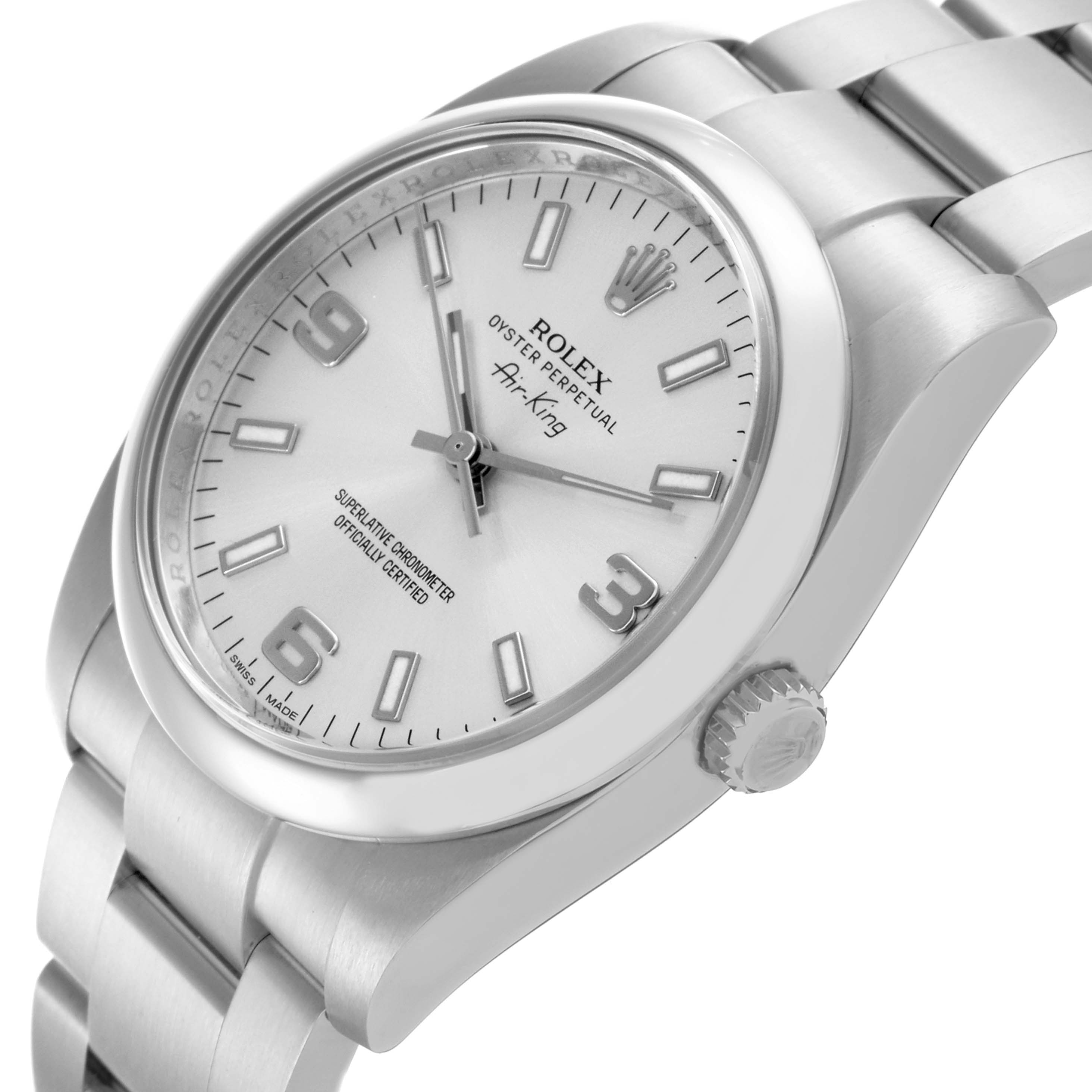 The Rolex Air-King 114200 Men's Stainless Steel Silver Dial 114200 Men's Stainless Steel Silver Dial watch is shown at a tilted angle highlighting the dial, case, crown, and bracelet links.