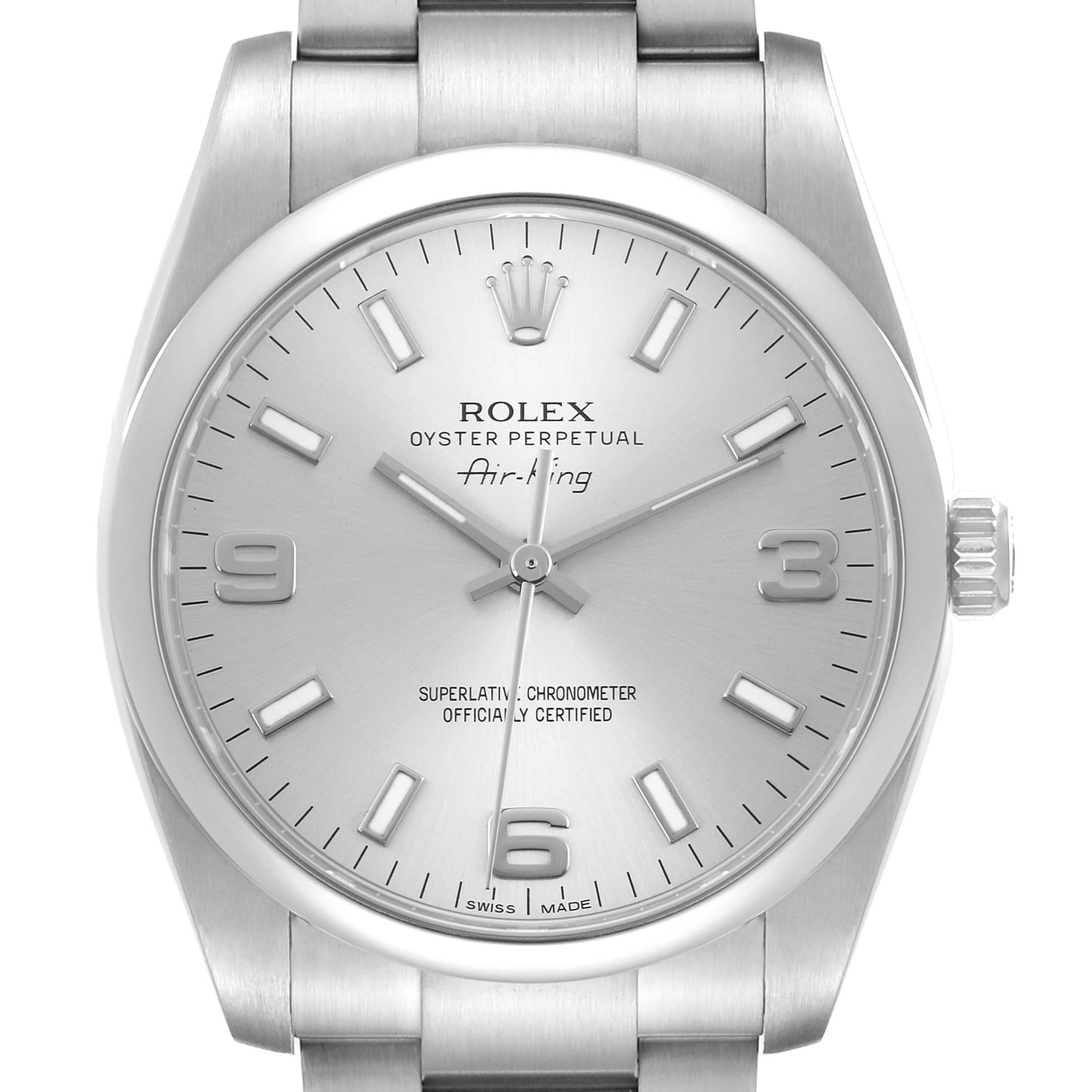The Rolex Air-King 114200 Men's Stainless Steel Silver Dial 114200 Men's Stainless Steel Silver Dial watch is shown from a frontal angle, highlighting its dial, bezel, and part of the bracelet.