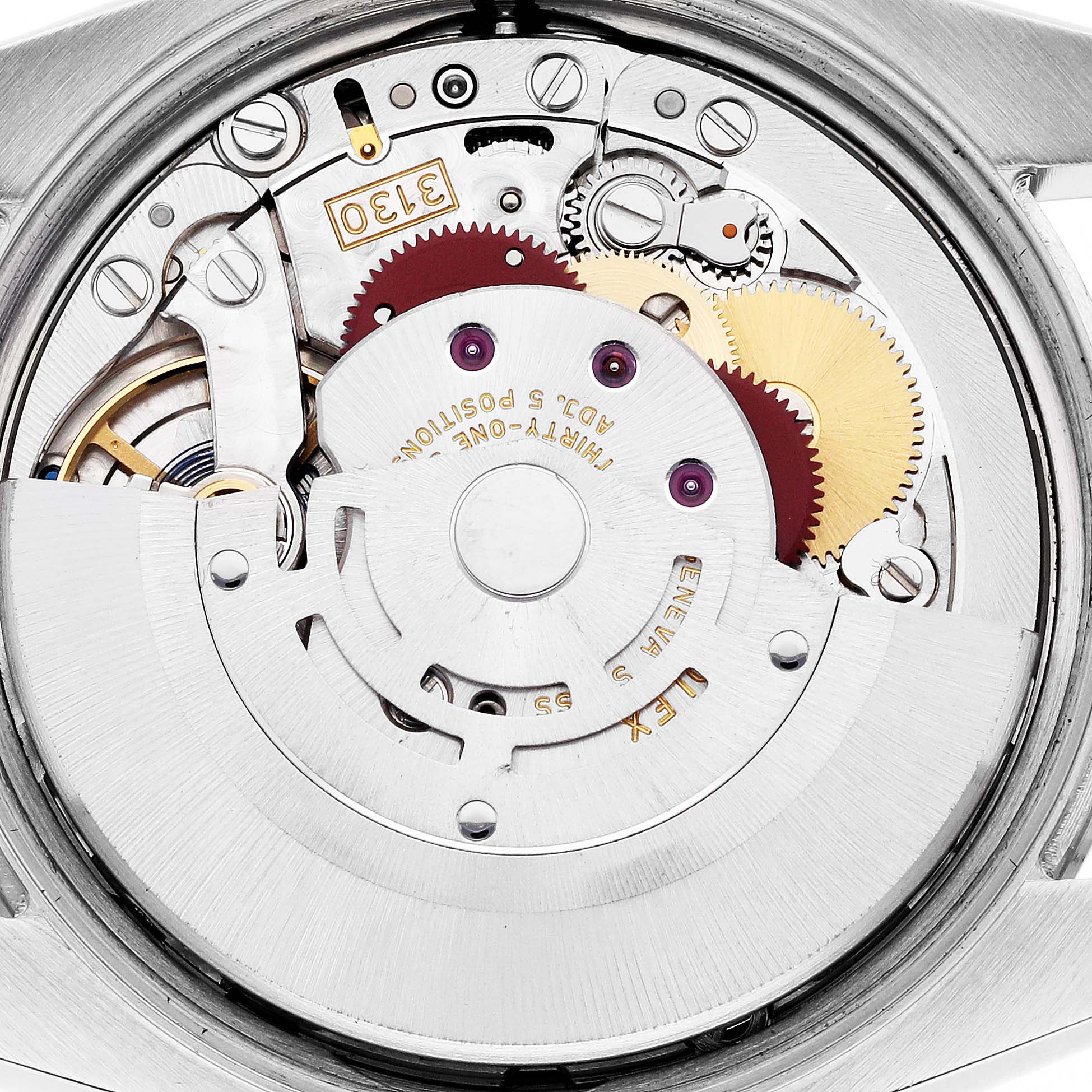 The image shows the internal movement of a Rolex Air-King 114200 Men's Stainless Steel Silver Dial 114200 Men's Stainless Steel Silver Dial watch, highlighting gears and intricate components from the back.