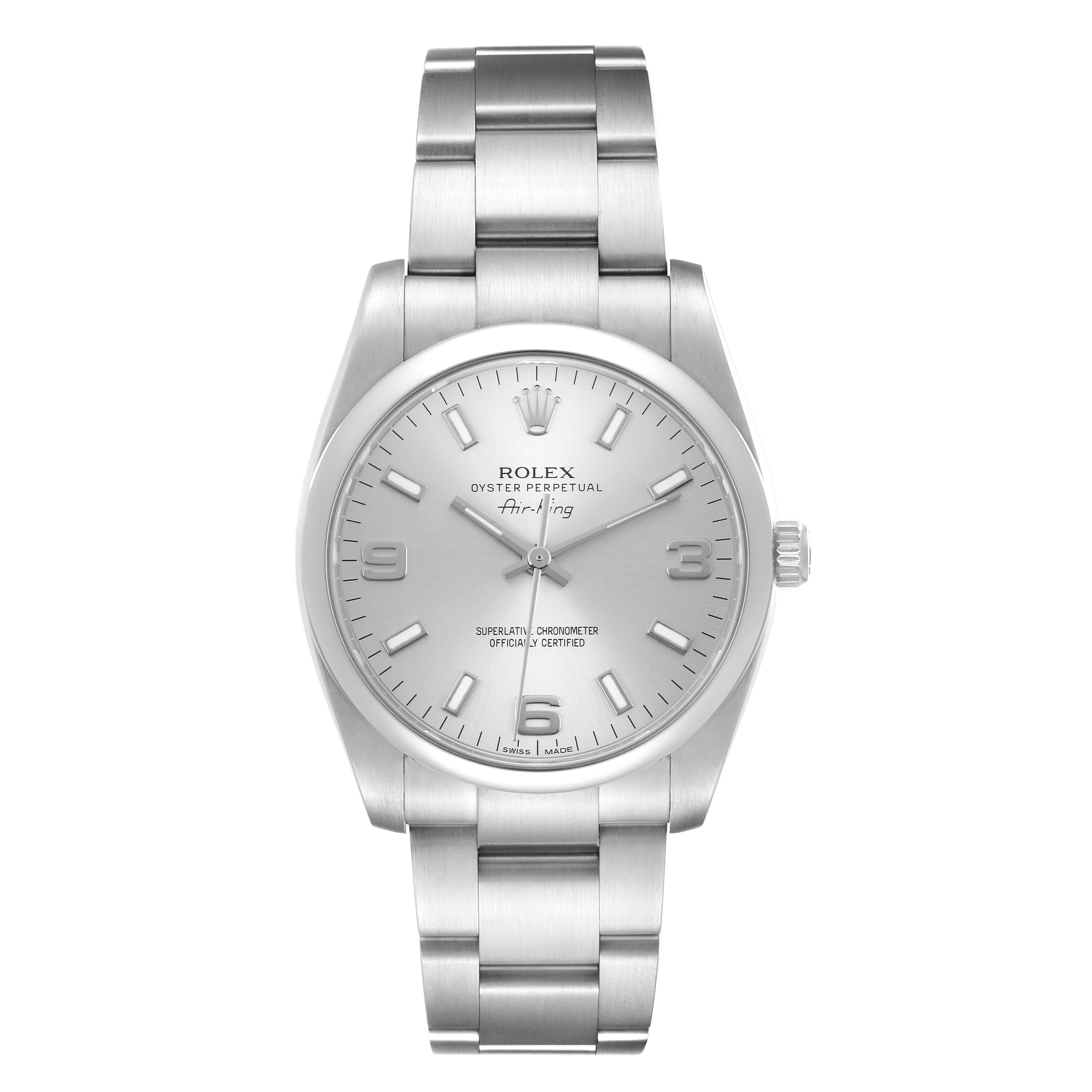 The image shows a Rolex Air-King 114200 Men's Stainless Steel Silver Dial 114200 Men's Stainless Steel Silver Dial watch, front view, displaying the dial, bezel, and bracelet.