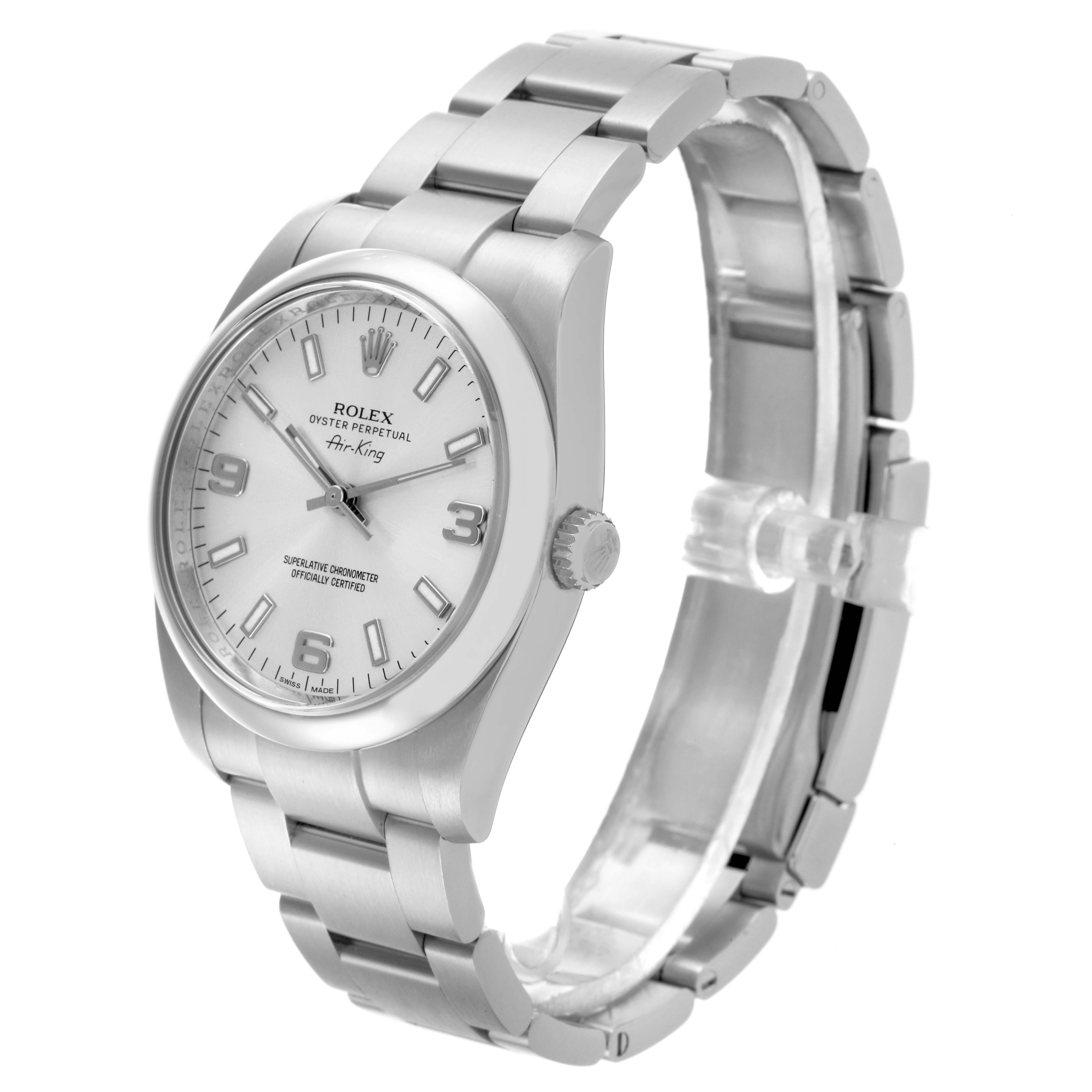 The Rolex Air-King 114200 Men's Stainless Steel Silver Dial 114200 Men's Stainless Steel Silver Dial watch is shown at a three-quarter angle, highlighting the face, bezel, crown, and bracelet.