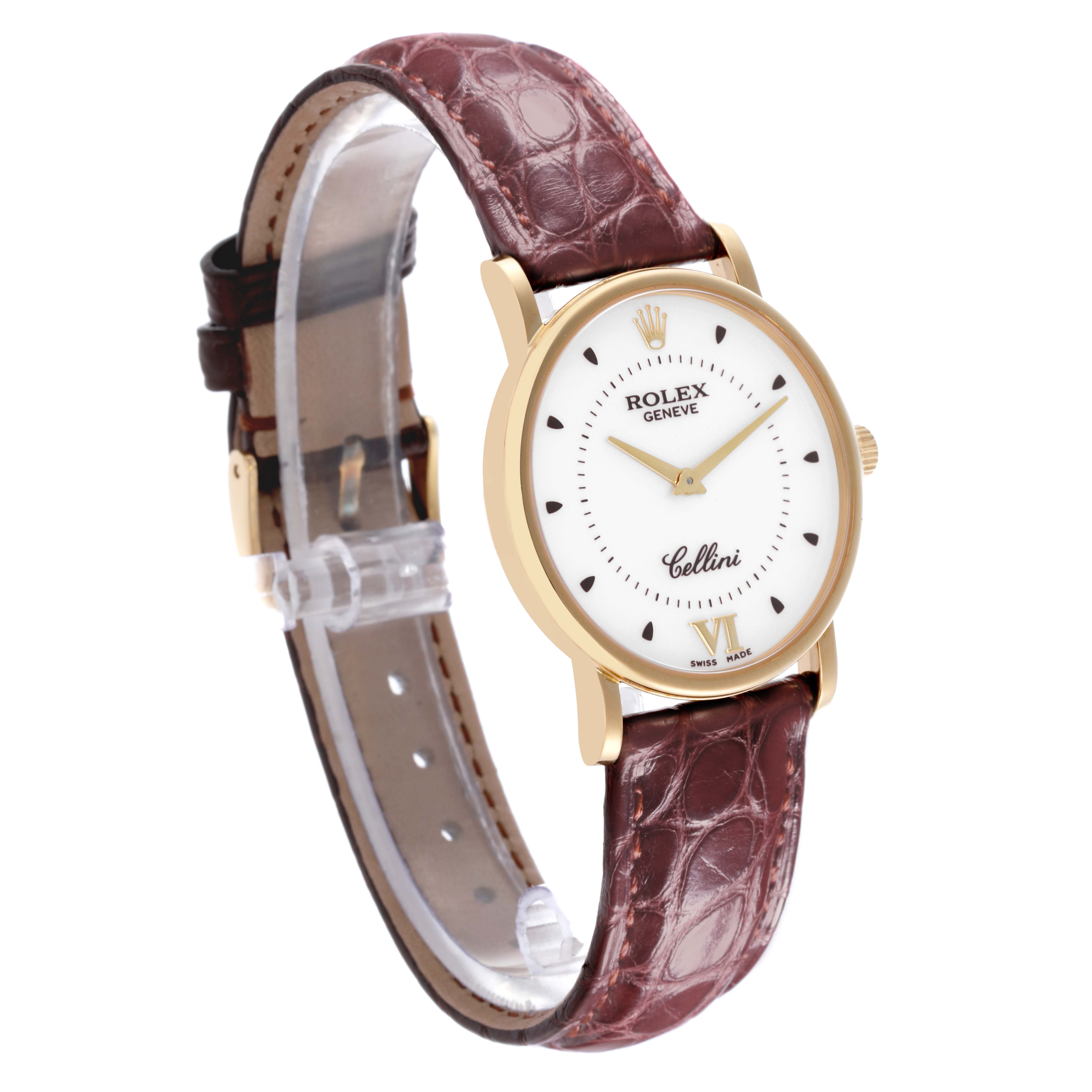 The Rolex Cellini 5115 Men's Yellow Gold Silver Dial 5115 Men's Yellow Gold Silver Dial watch is shown at a three-quarter angle, highlighting the dial, case, and leather strap.