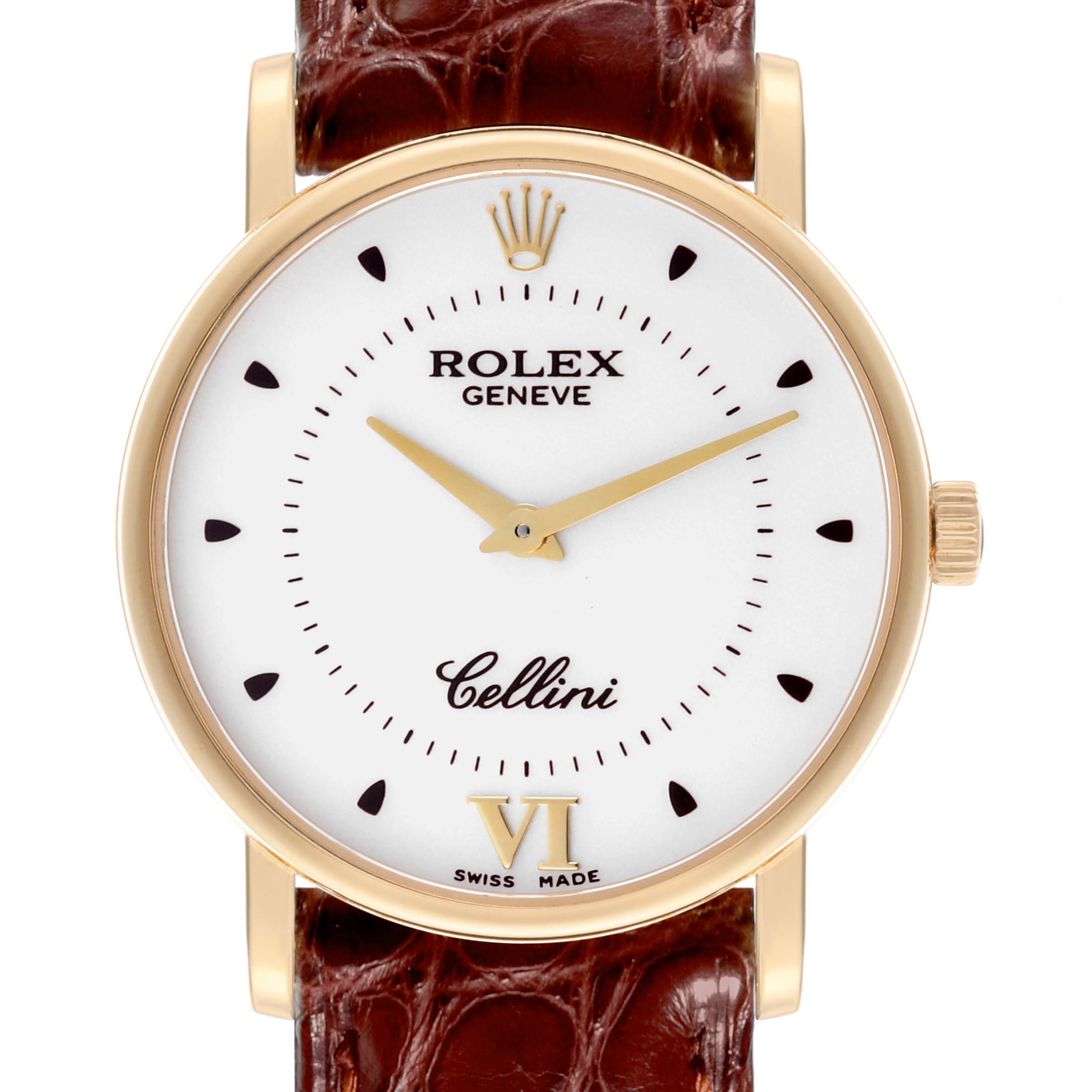 The image shows a Rolex Cellini 5115 Men's Yellow Gold Silver Dial 5115 Men's Yellow Gold Silver Dial watch from the front, highlighting its dial, crown, and leather strap.