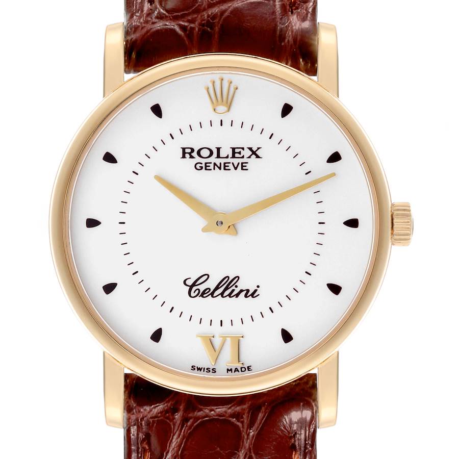 The image shows a Rolex Cellini watch from the front, highlighting its dial, crown, and leather strap.