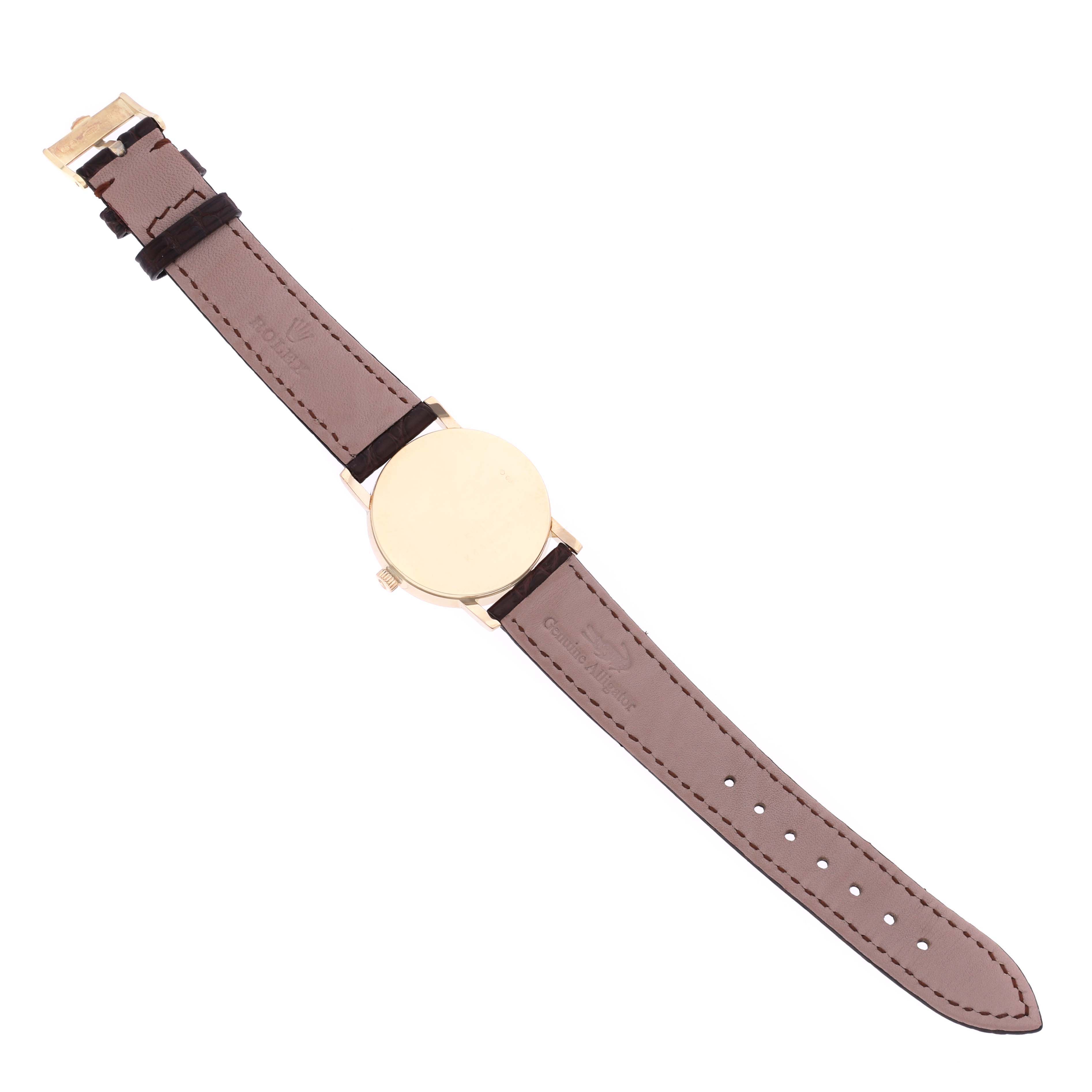 The image shows a Rolex Cellini 5115 Men's Yellow Gold Silver Dial 5115 Men's Yellow Gold Silver Dial watch from the back, highlighting the case, crown, and leather strap with clasp.