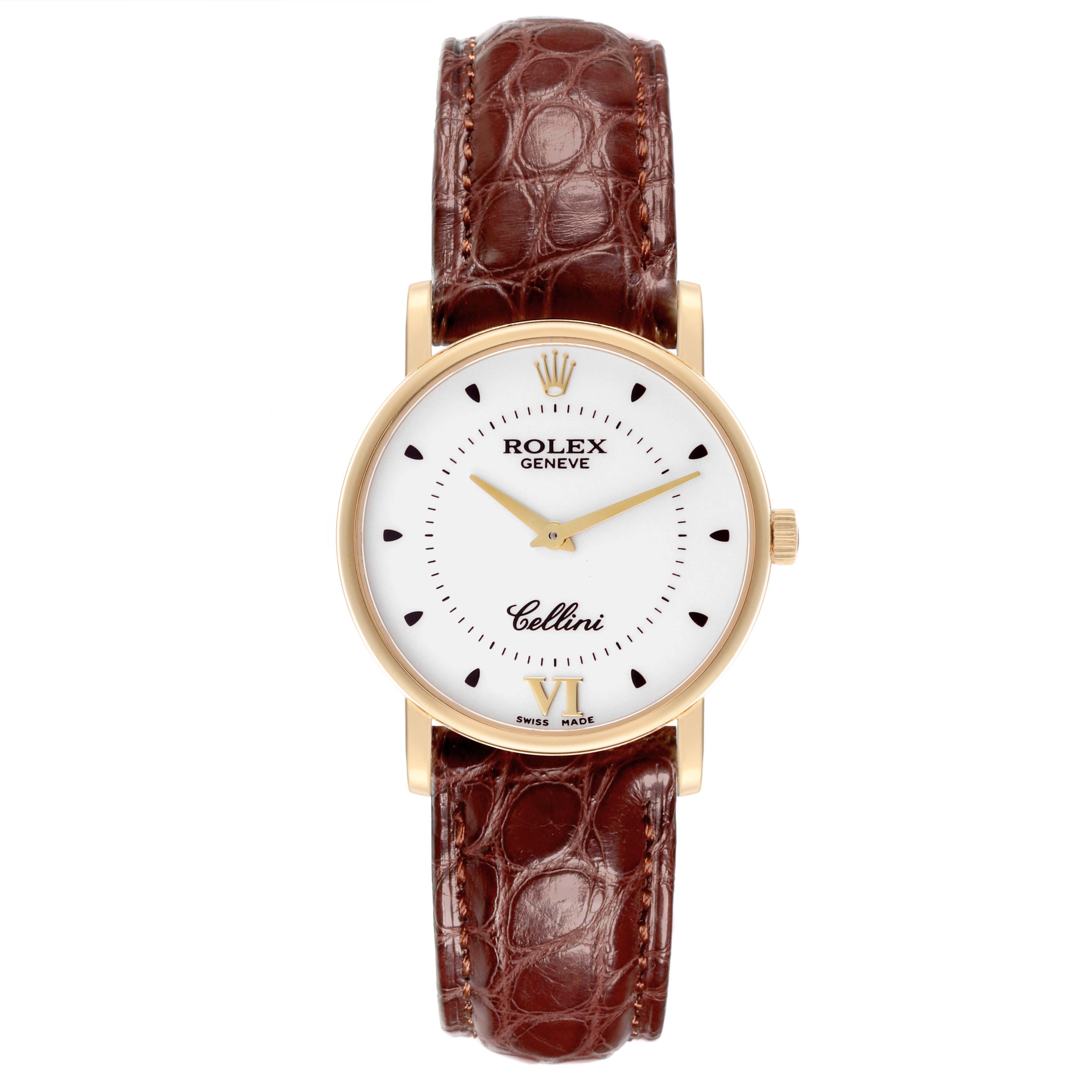 The Rolex Cellini 5115 Men's Yellow Gold Silver Dial 5115 Men's Yellow Gold Silver Dial watch is shown from a straight-on angle, highlighting the dial, case, and brown leather strap.